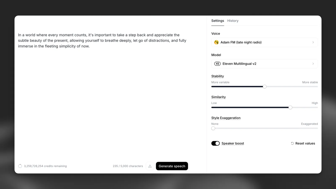 ElevenLabs TTS playground: script, voice, sliders, Generate speech