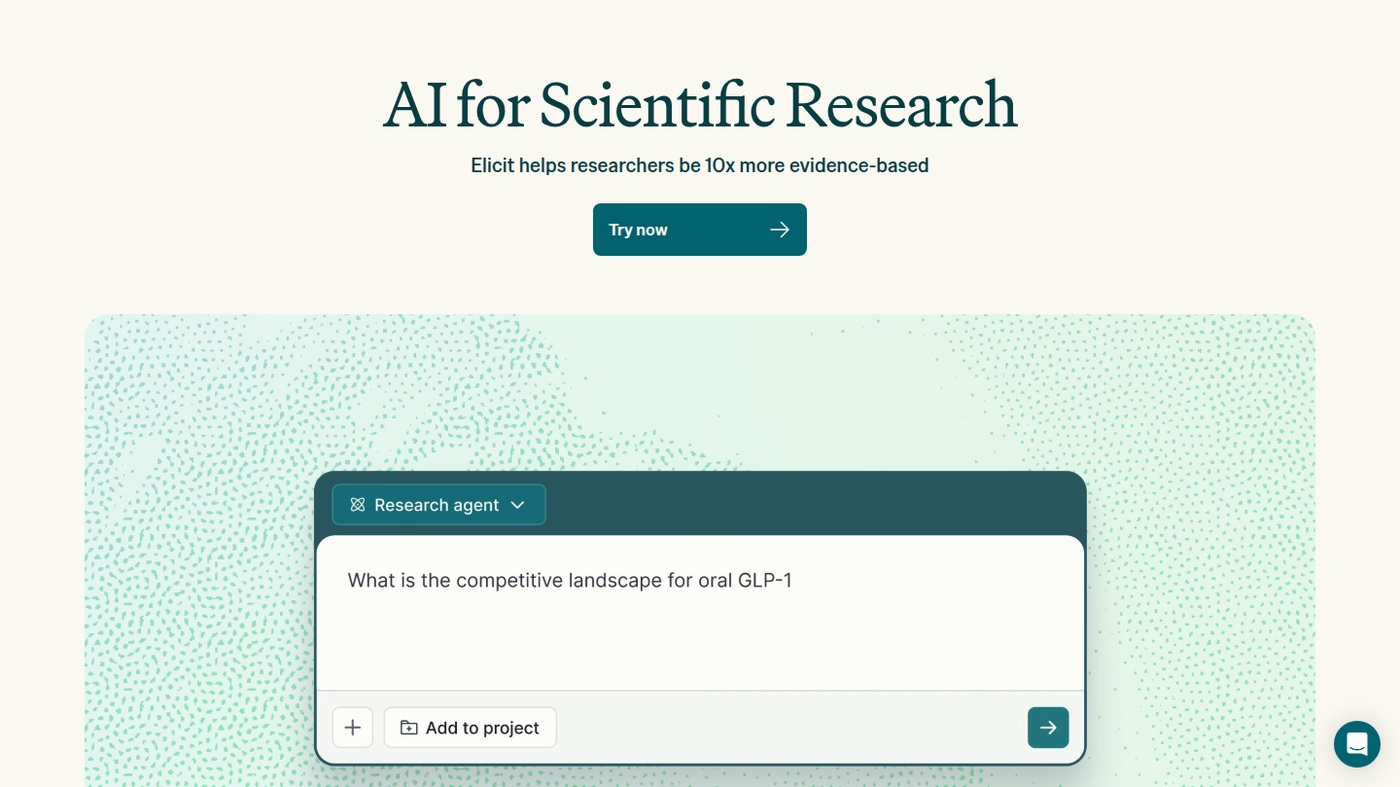 Elicit Research agent composer: oral GLP-1 prompt and Add to project
