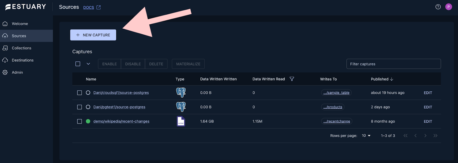 Estuary Captures: Wikipedia recent-changes 1.64 GB and two Postgres source rows