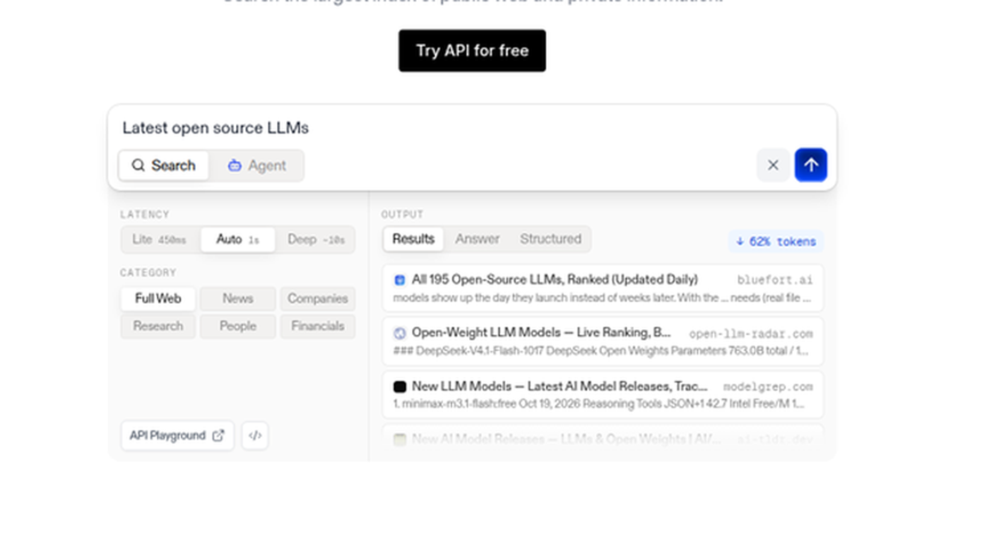 Exa signed-out playground: Latest open source LLMs query with Search and Agent results