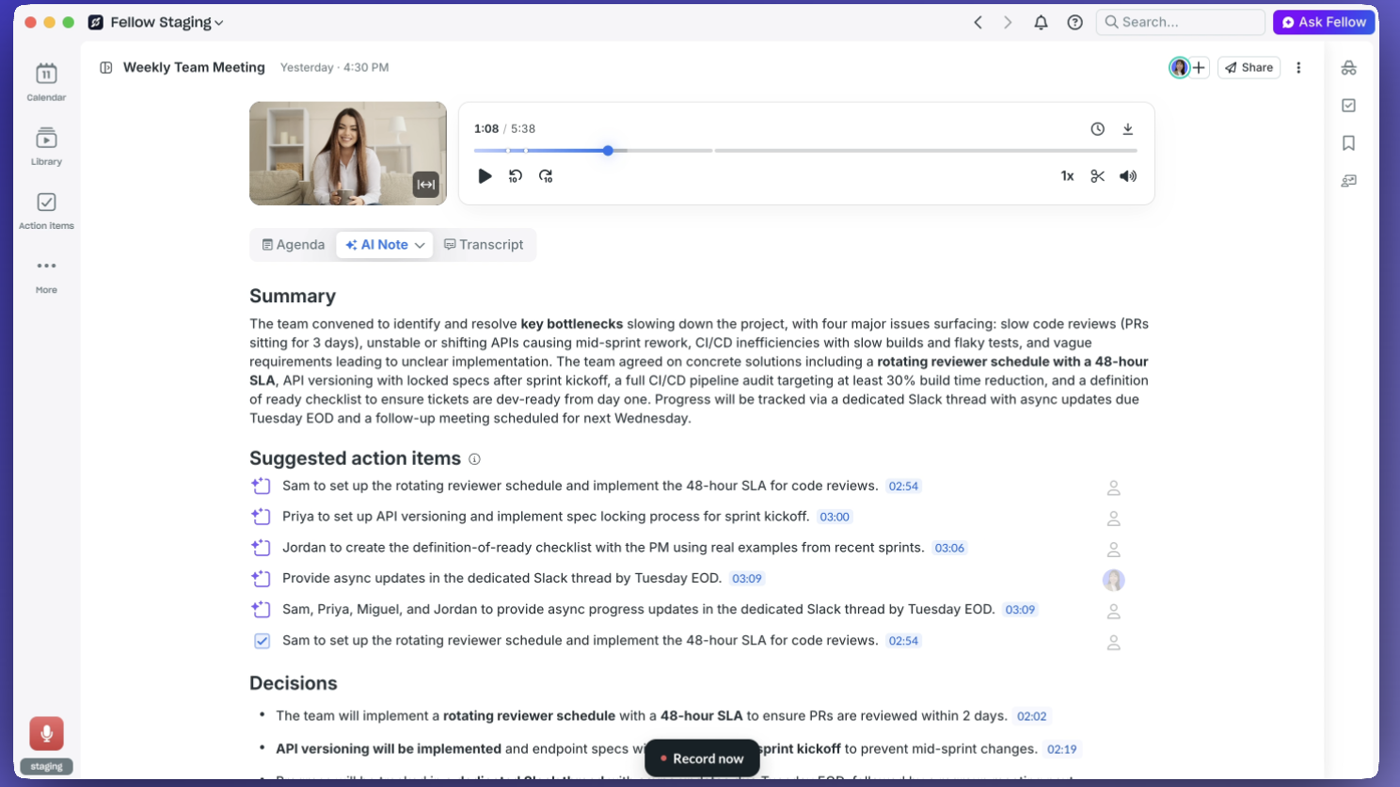Fellow AI Recap: video player, Summary, Suggested action items, Decisions