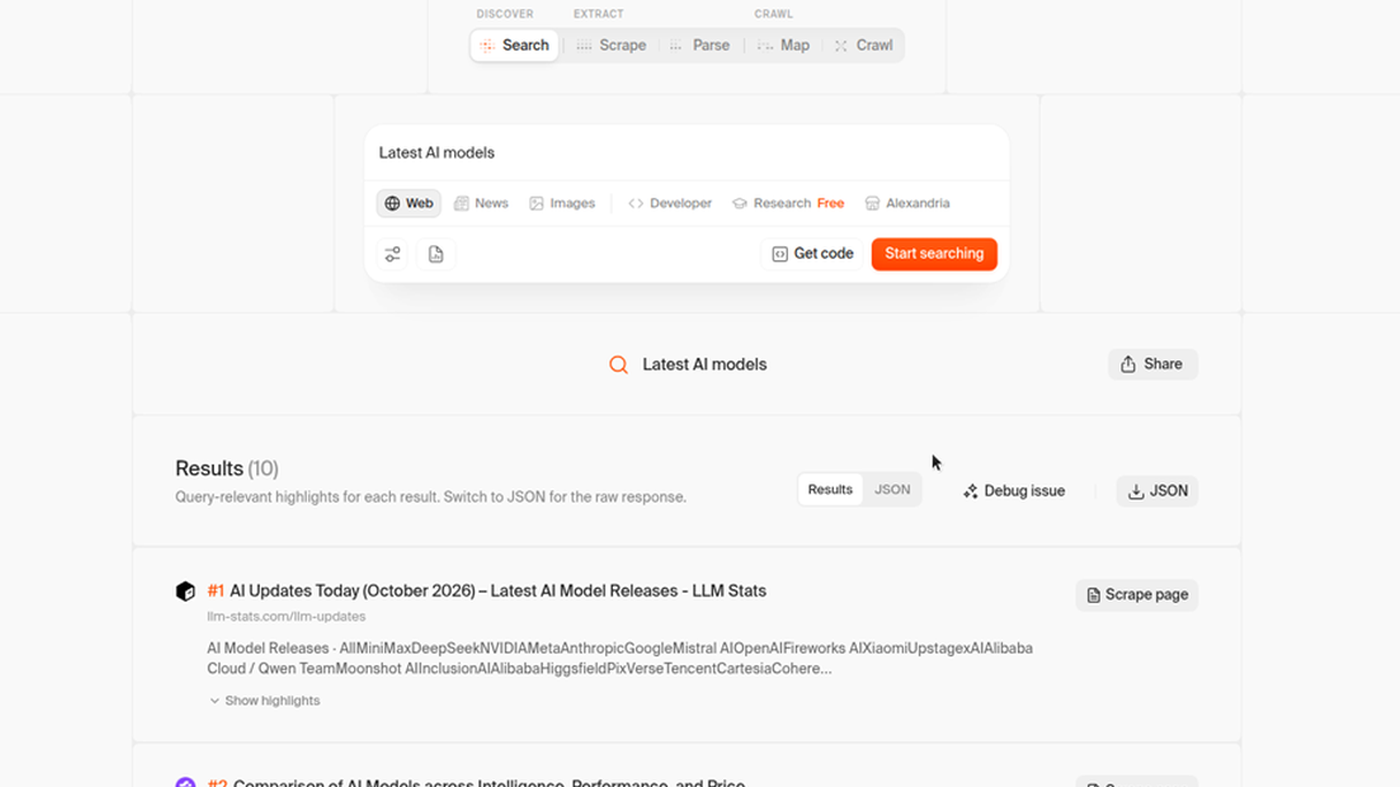 Firecrawl playground: Search / Scrape tabs with a live Results list