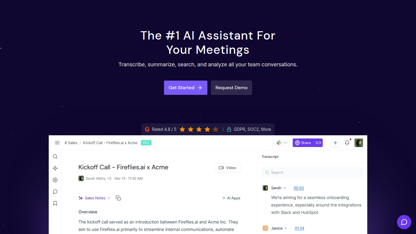 Fireflies Kickoff Call notes and searchable transcript panel