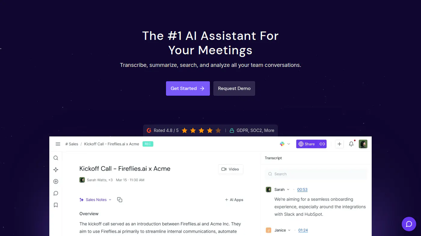 Fireflies Kickoff Call notes and searchable transcript panel