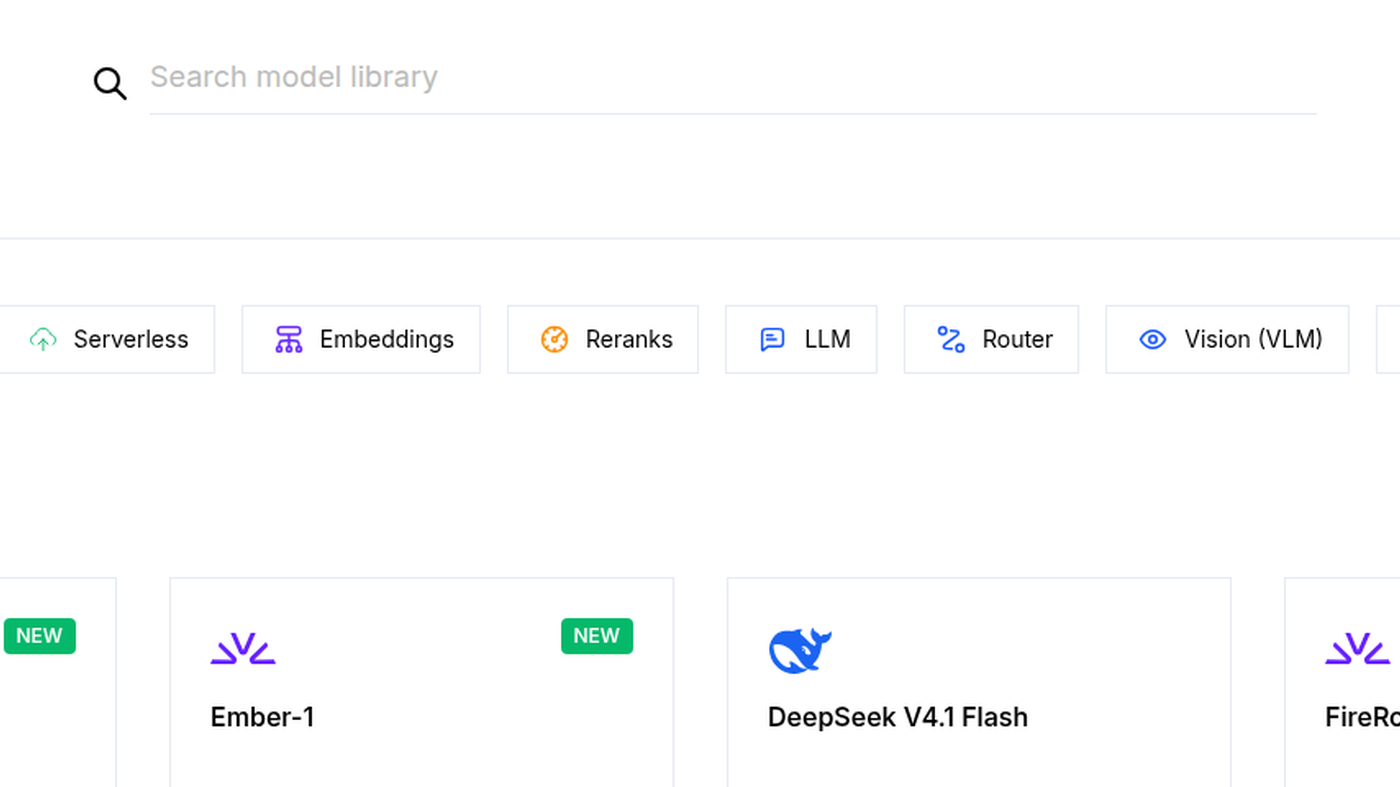 Fireworks Model Library: search, Serverless filters, Ember-1 and DeepSeek V4.1 Flash cards