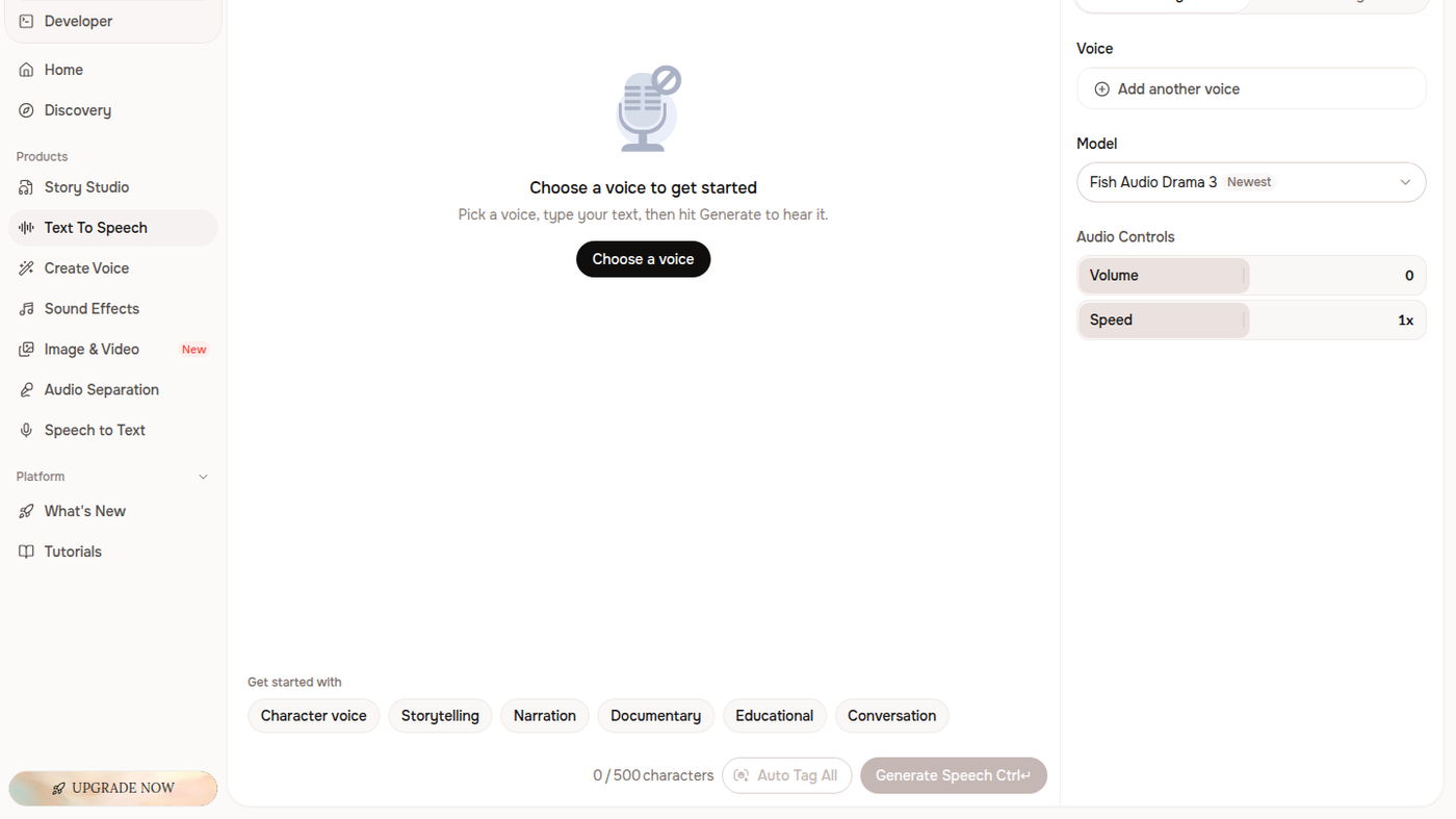 Fish Audio Text to Speech studio: voice/model panel, Choose a voice, Generate Speech