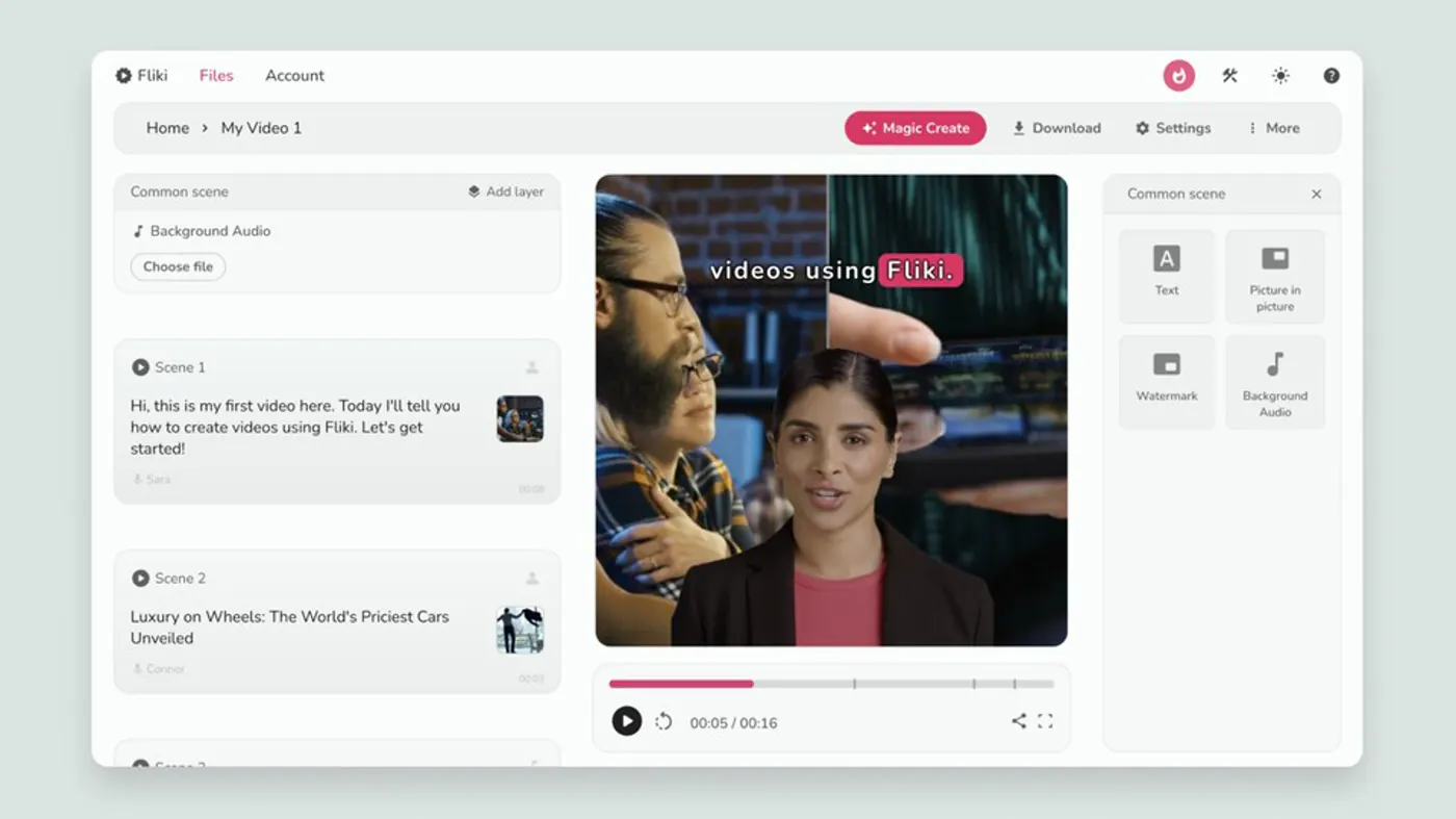 Fliki editor: scene list, talking-head preview, Common scene tools