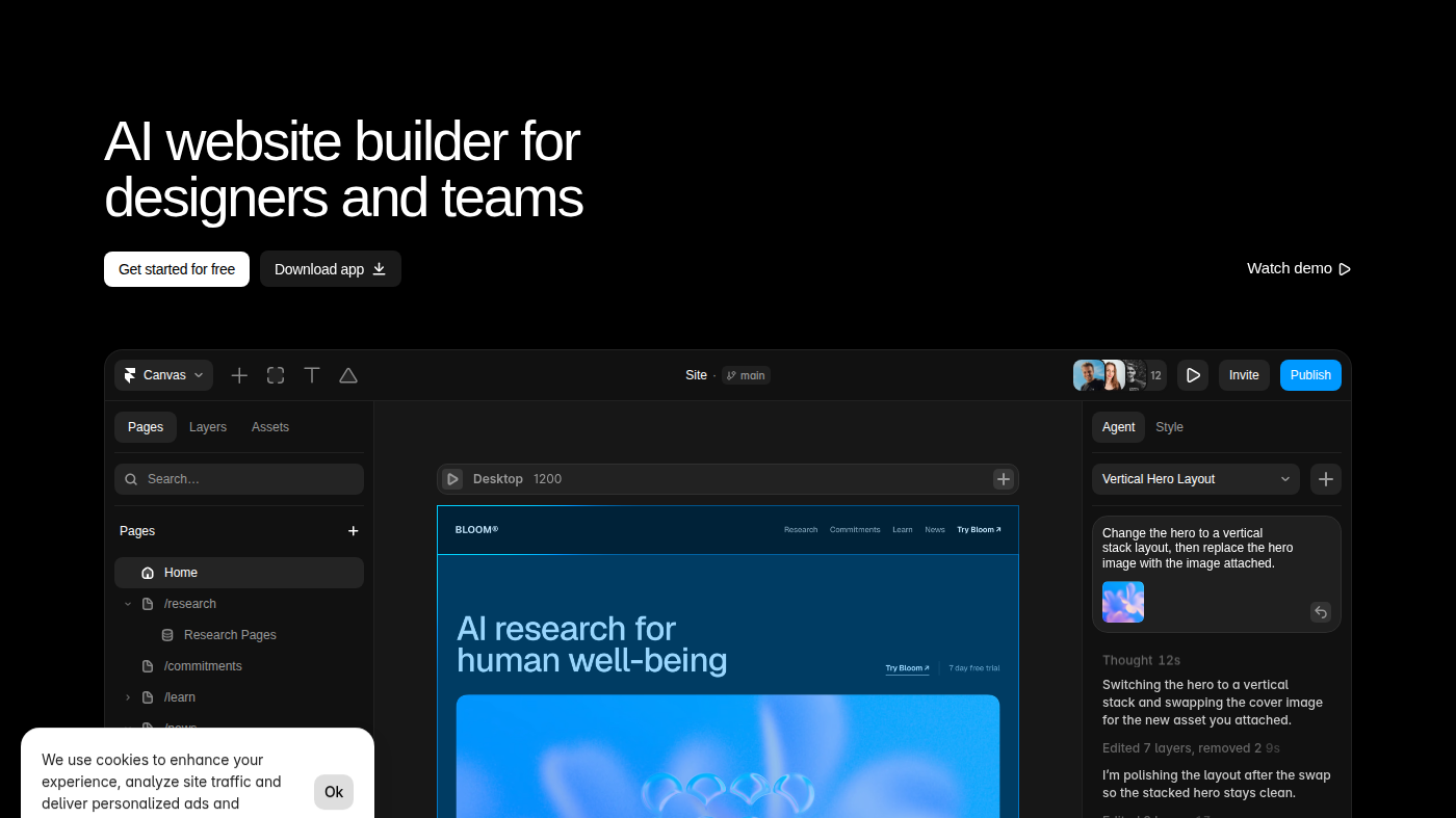Framer official AI canvas: Bloom homepage plus Agent hero-stack edit