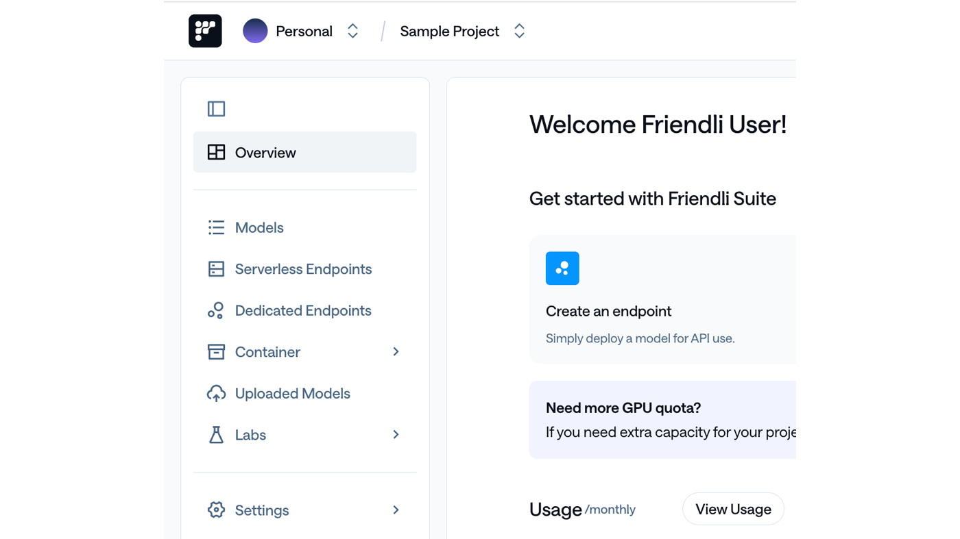Friendli Suite: Serverless and Dedicated Endpoints sidebar plus Create an endpoint