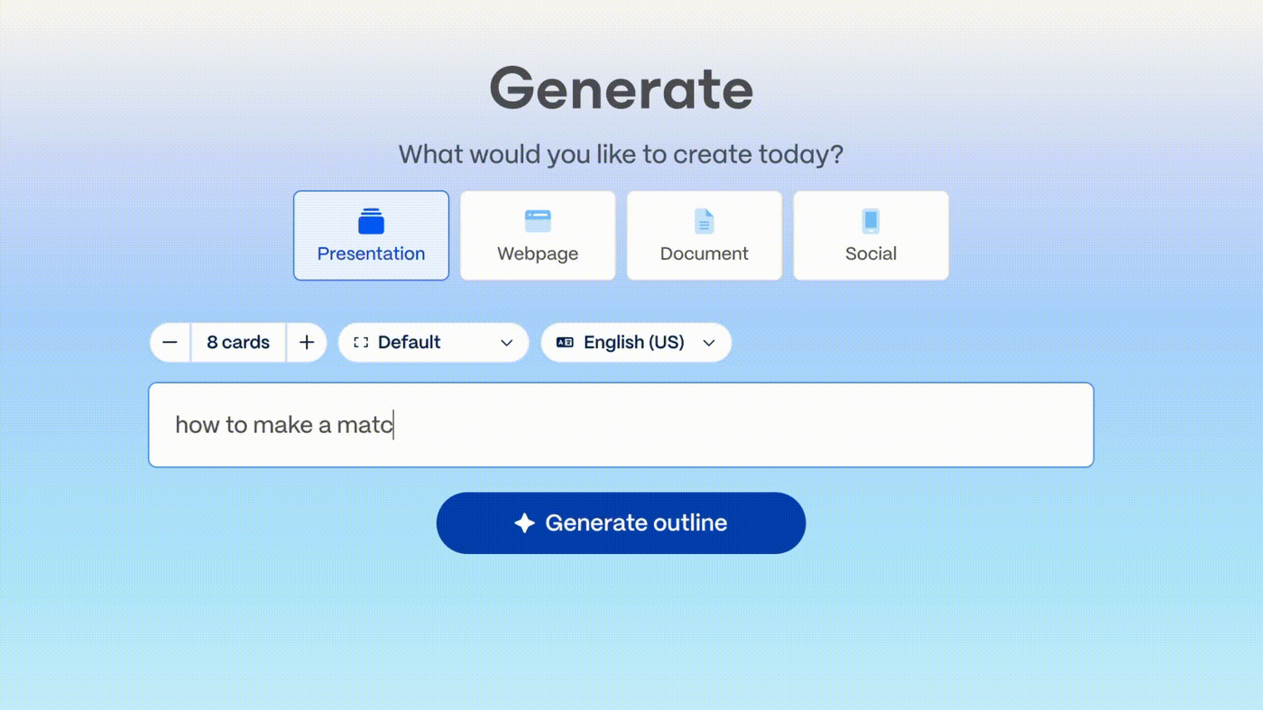 Gamma Generate composer: Presentation, prompt, Generate outline