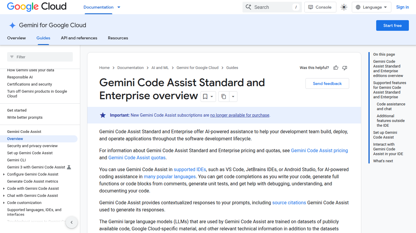Google Cloud docs: Gemini Code Assist Standard and Enterprise overview