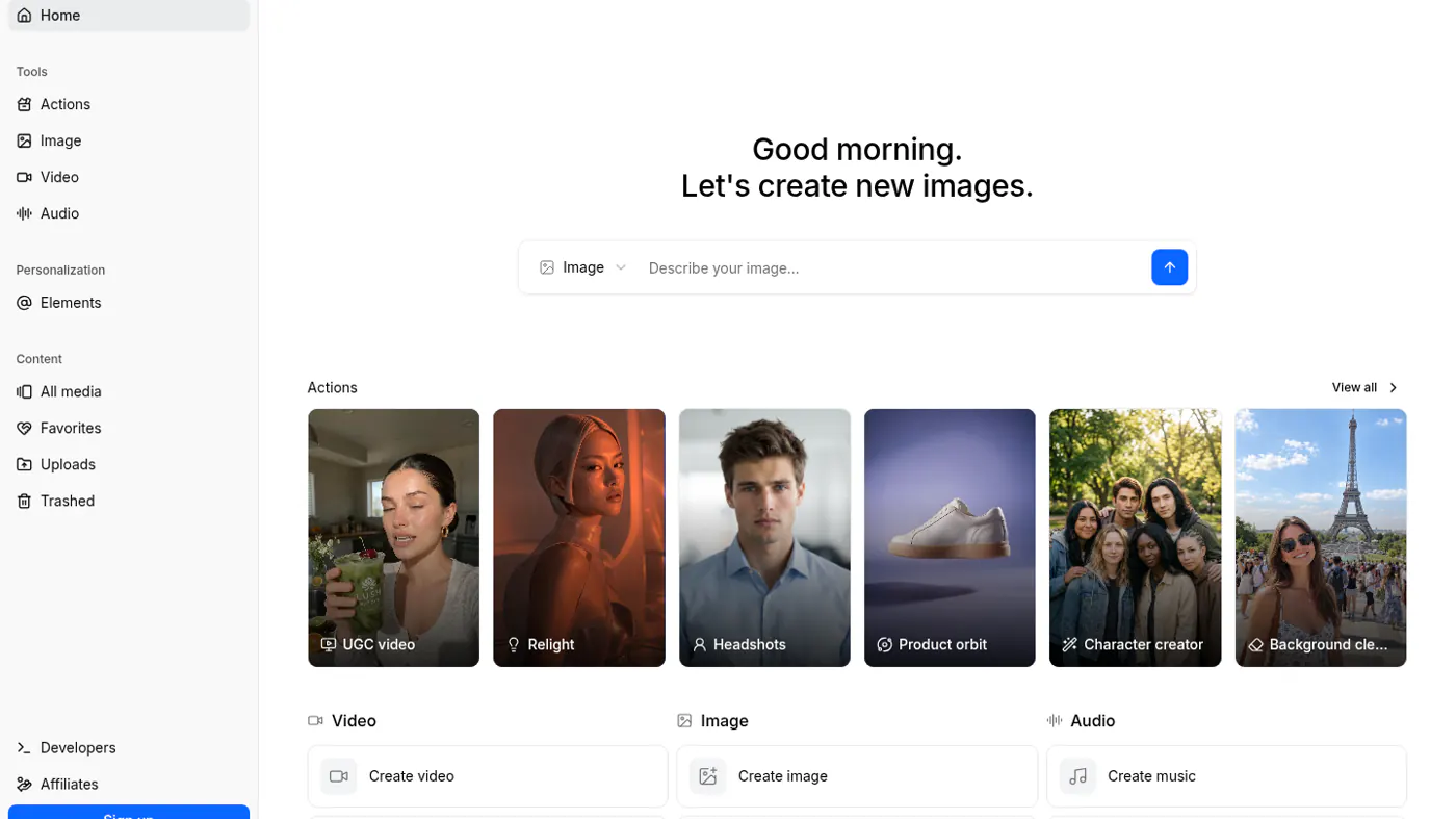 getimg.ai app workbench: sidebar Actions, prompt, generated Relight and Headshots