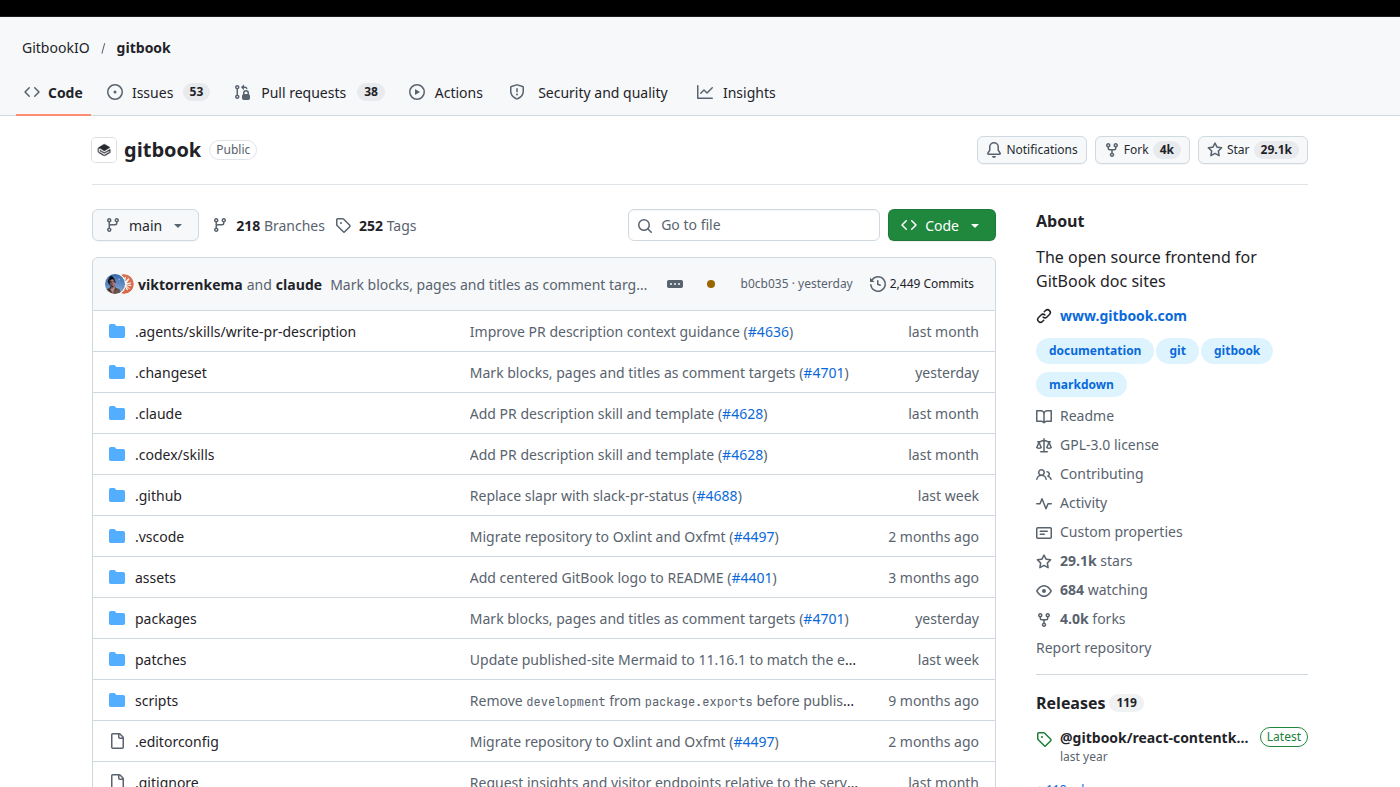 GitbookIO/gitbook GitHub file list: open-source frontend for GitBook doc sites