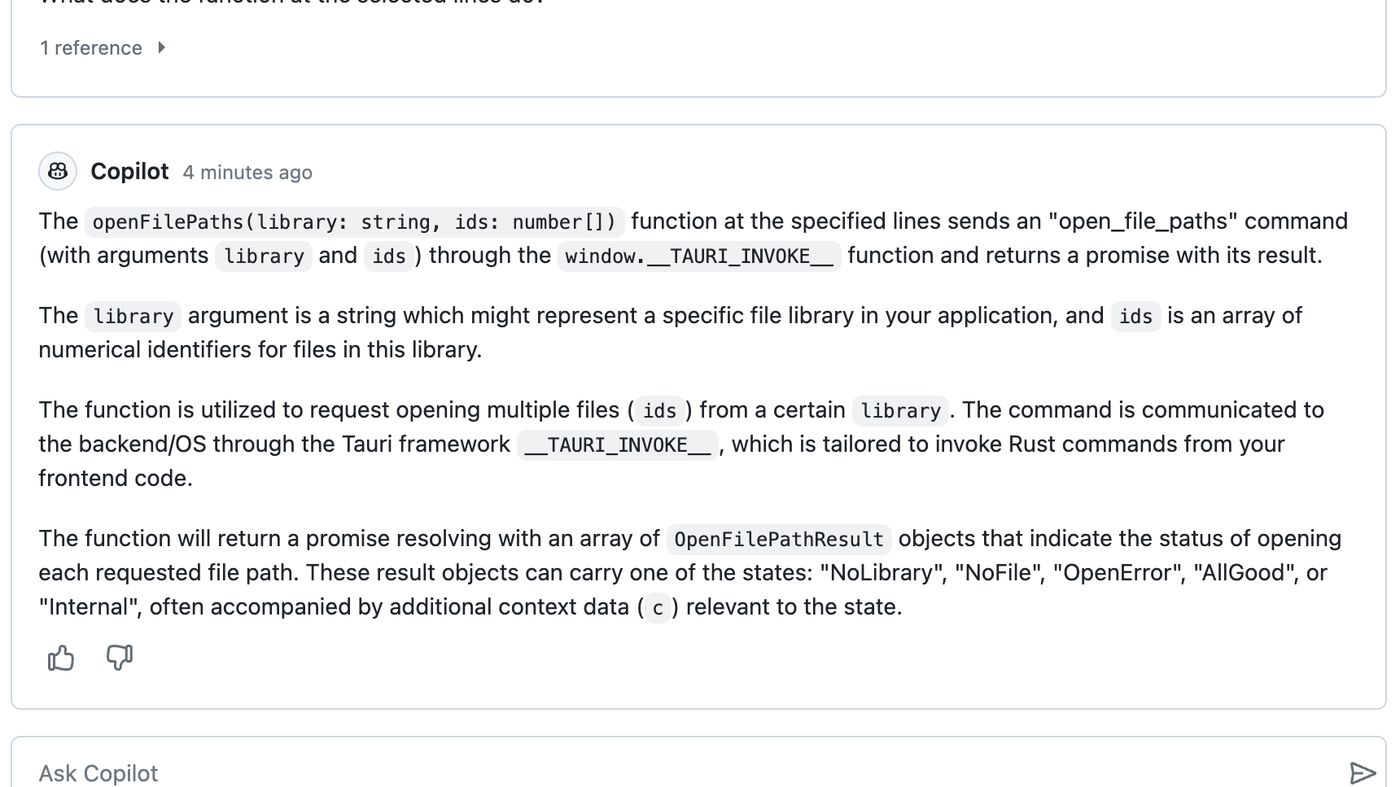 GitHub Copilot Chat: official Ask Copilot composer and reply