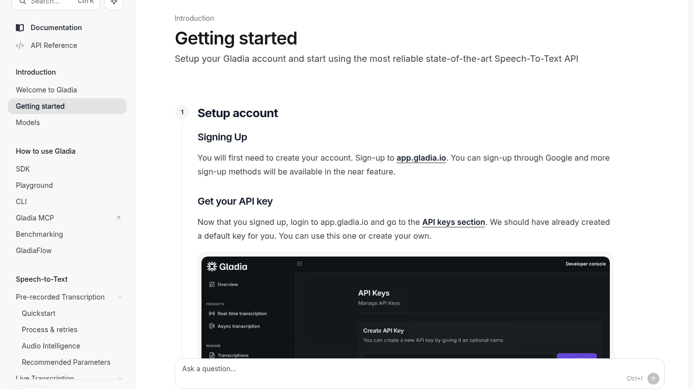 Gladia Getting started docs with official API Keys developer console