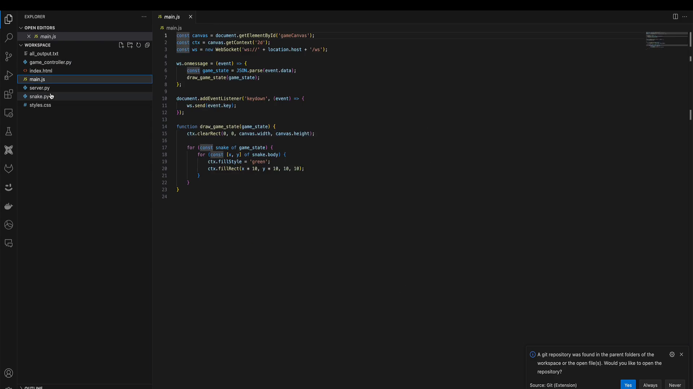 gpt-engineer official example: generated snake workspace in the editor