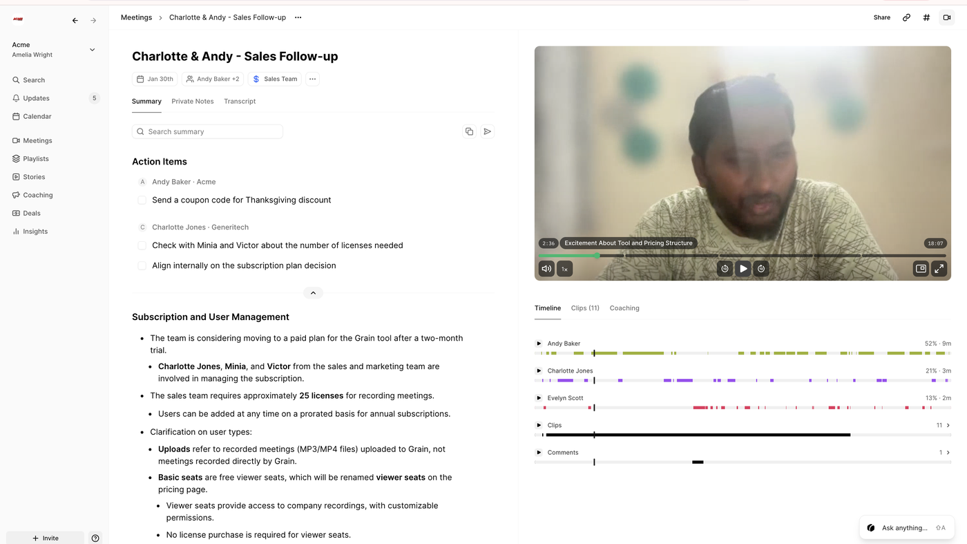 Grain recording page: Charlotte & Andy sales follow-up, action items, video player, timeline