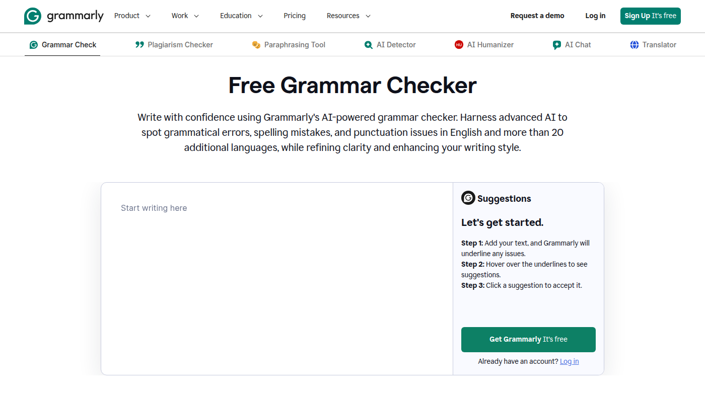 Grammarly Free Grammar Checker: Start writing here and Suggestions rail