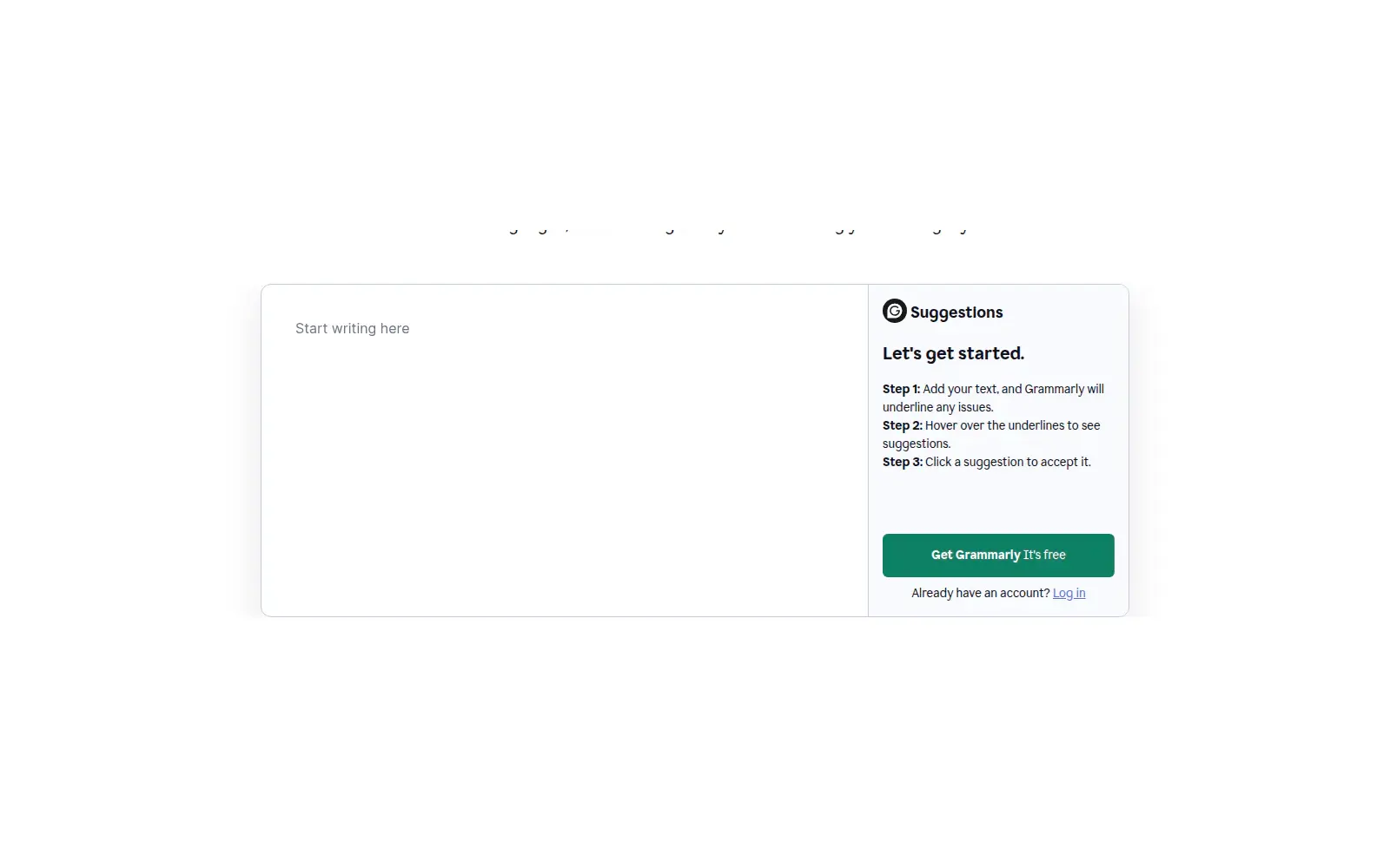 Grammarly Free Grammar Checker: Start writing here and Suggestions rail