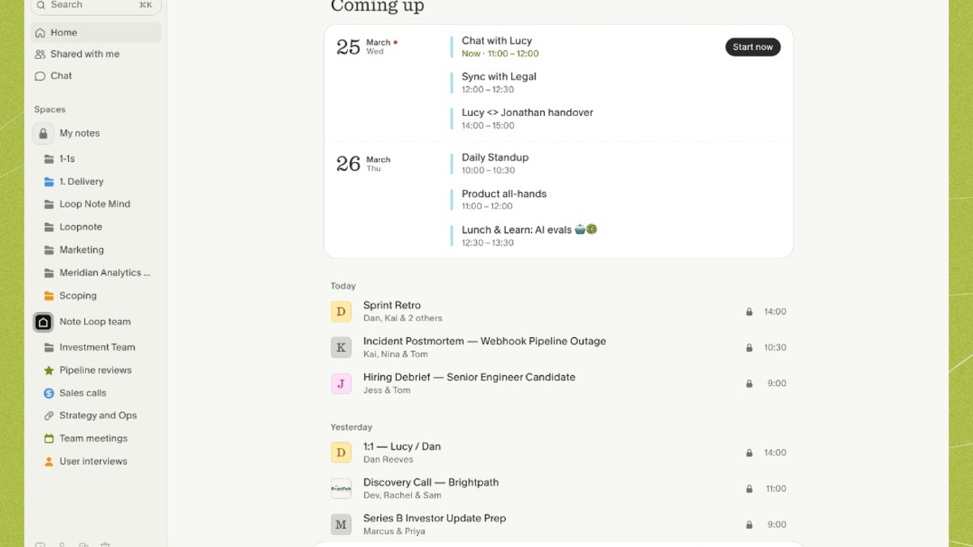 Granola 101 home: Coming up calendar cards, Start now, notes sidebar