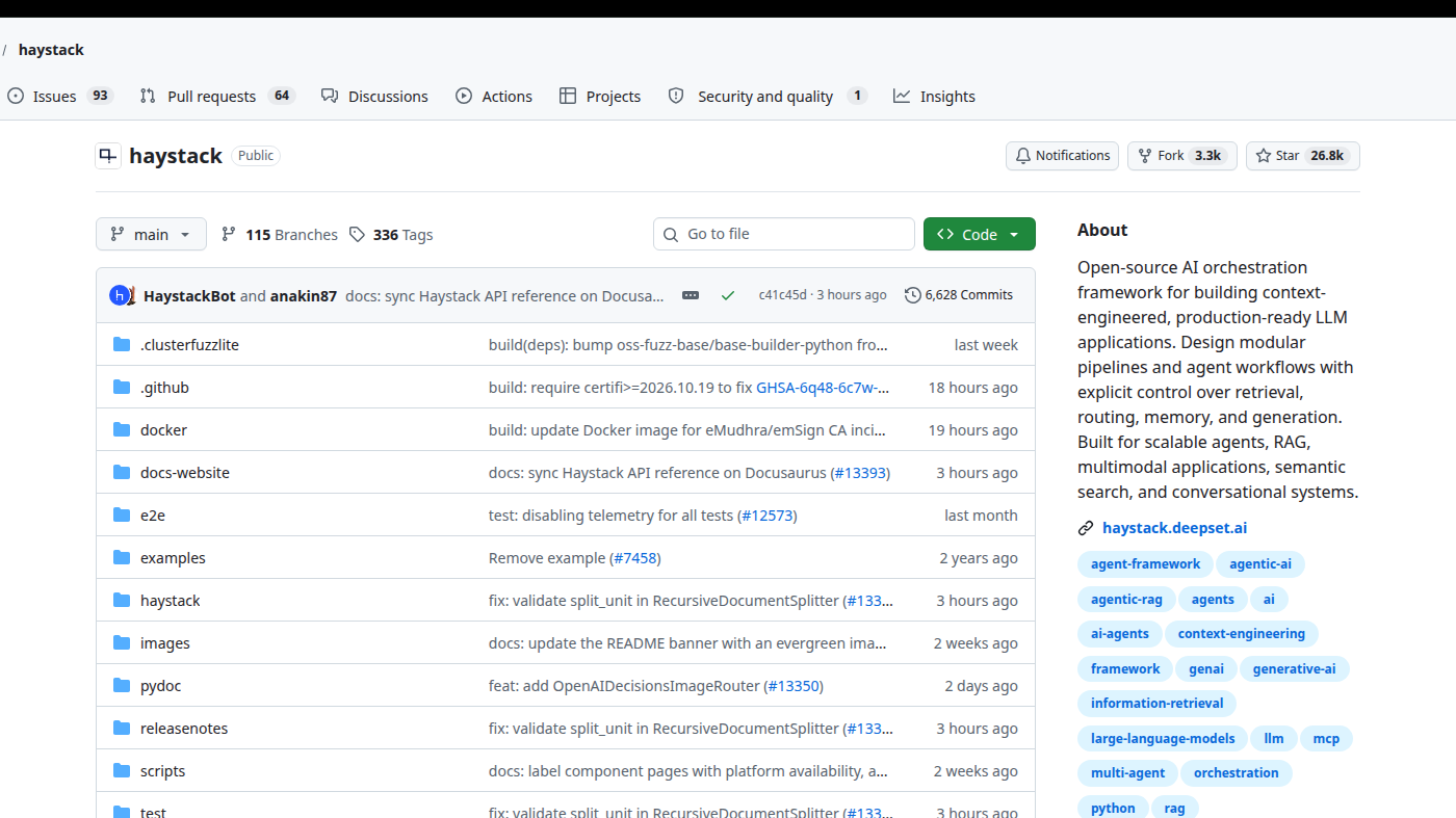 deepset-ai/haystack GitHub file list: haystack/, examples/, Apache-2.0 orchestration framework deepset-ai/haystack GitHub file list: haystack/, examples/, Apache-2.0 orchestration framework