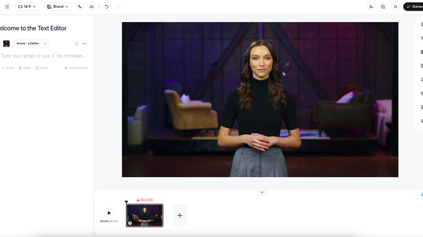 HeyGen AI Studio text editor: Annie Lifelike avatar, script, Generate