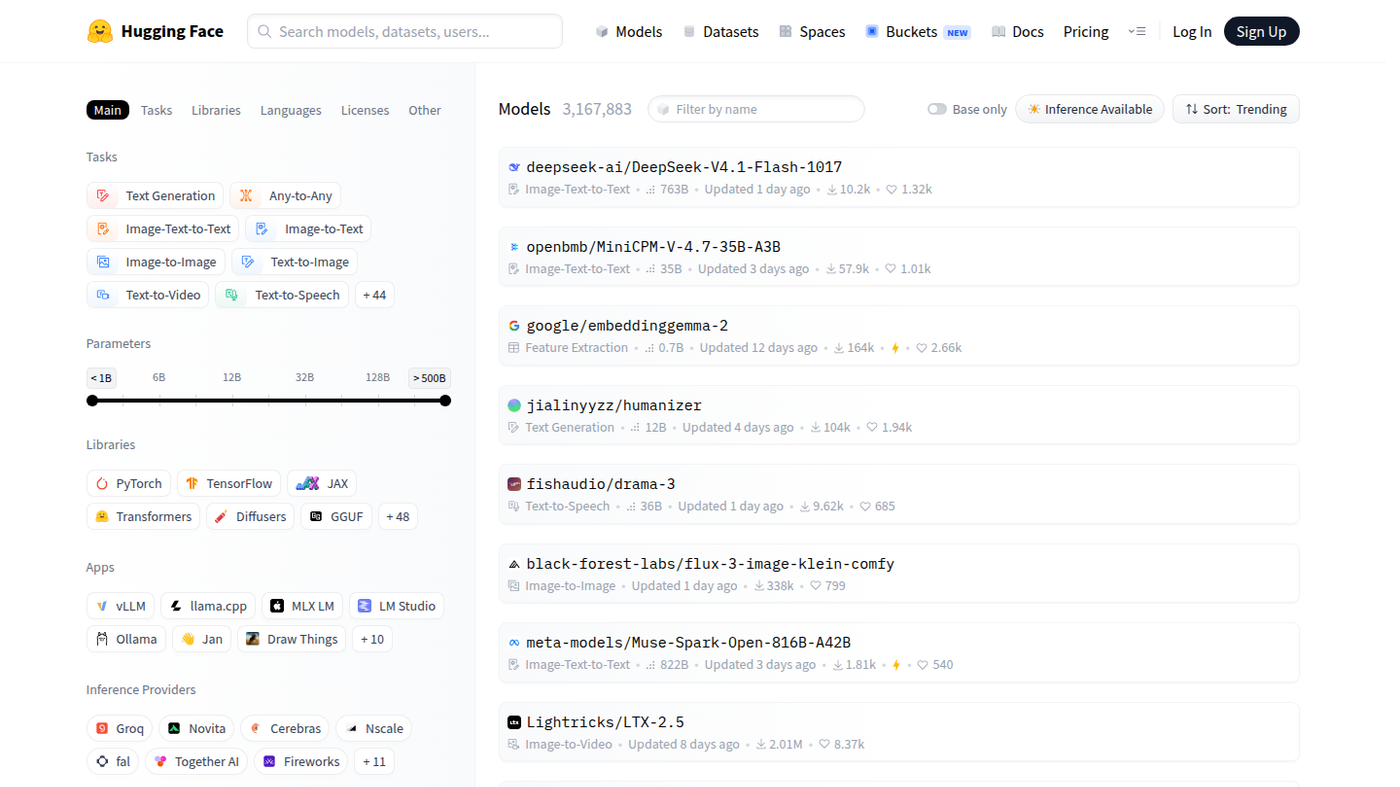 Hugging Face Models list with task filters and model cards