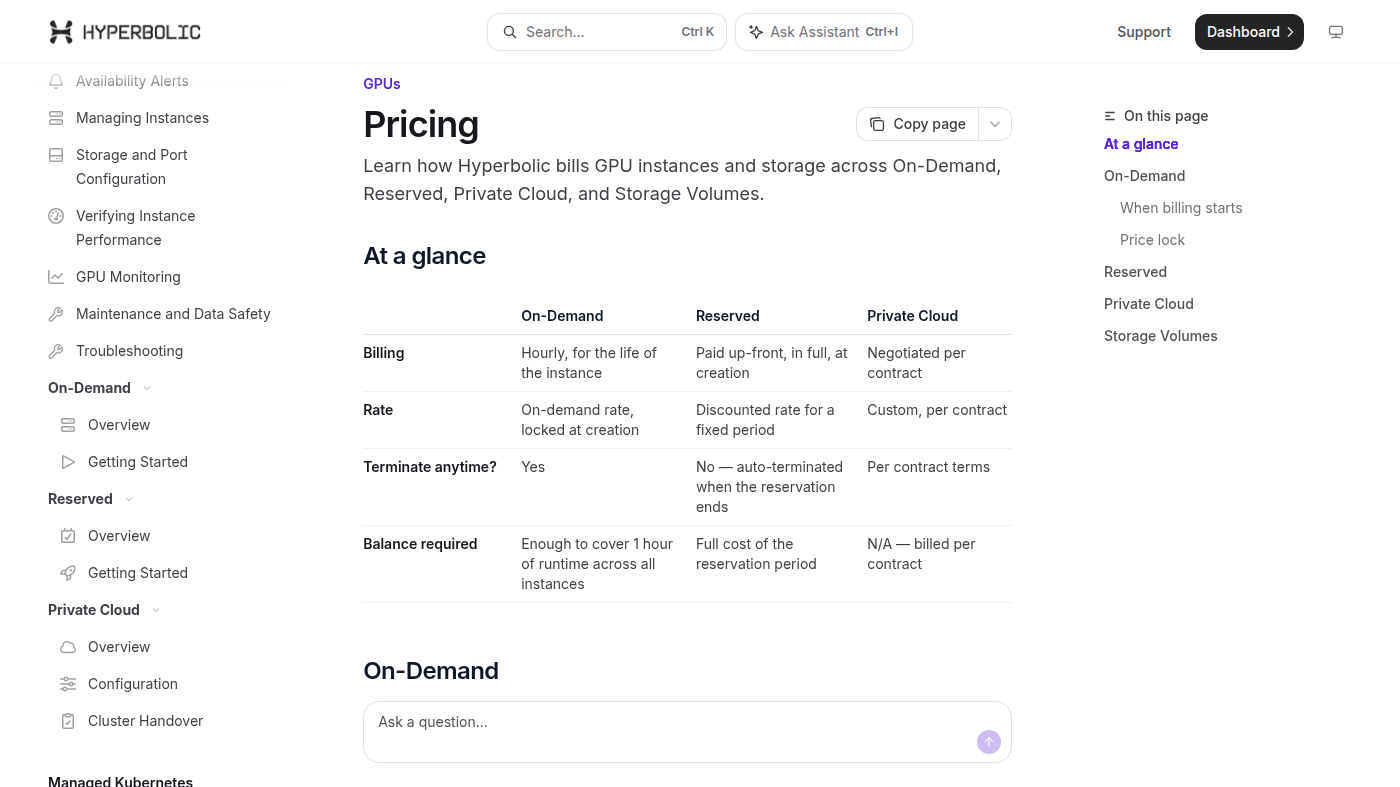 Hyperbolic official docs: On-Demand vs Reserved vs Private Cloud billing table