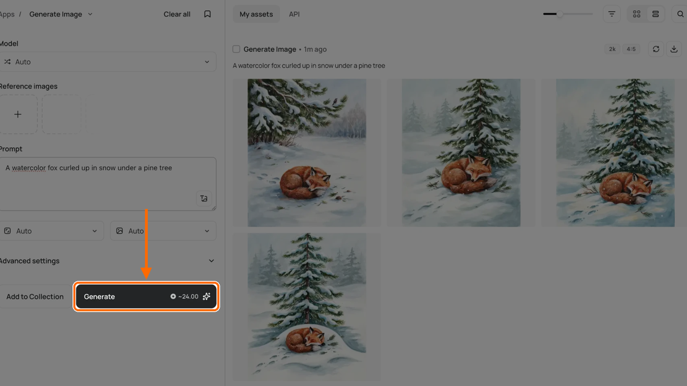 Ideogram Create Image: prompt, Generate credits, and fox result grid