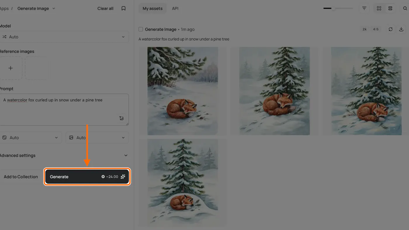 Ideogram Create Image: prompt, Generate credits, and fox result grid
