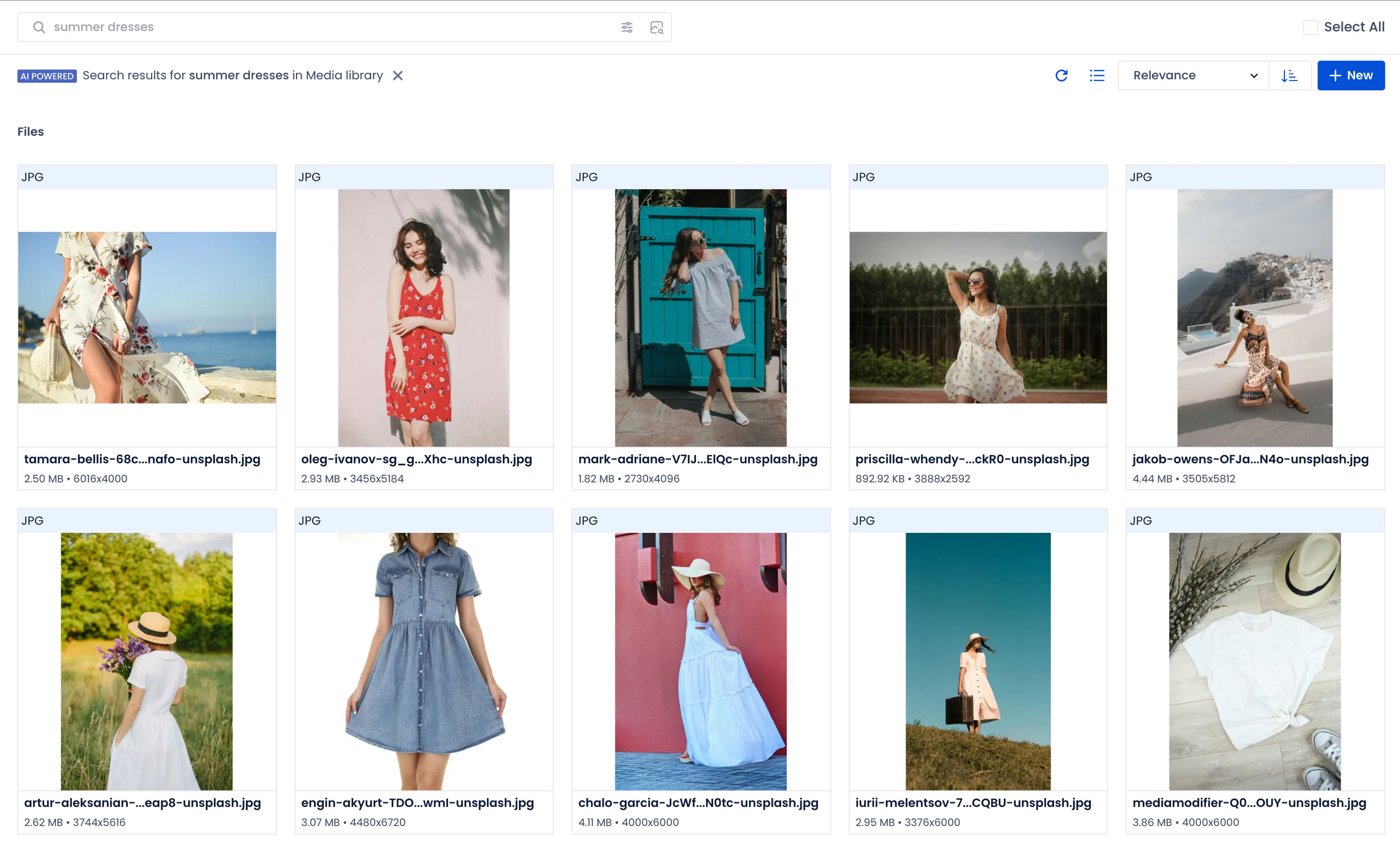 ImageKit Media Library: summer dresses search with file sizes and Unsplash names