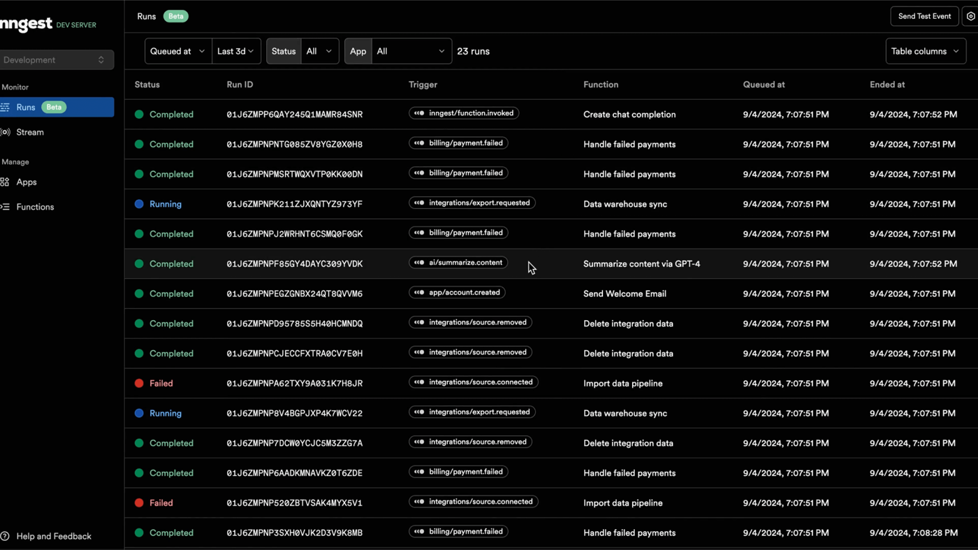 Inngest Dev Server Runs table: run id, trigger, function, queued and ended times
