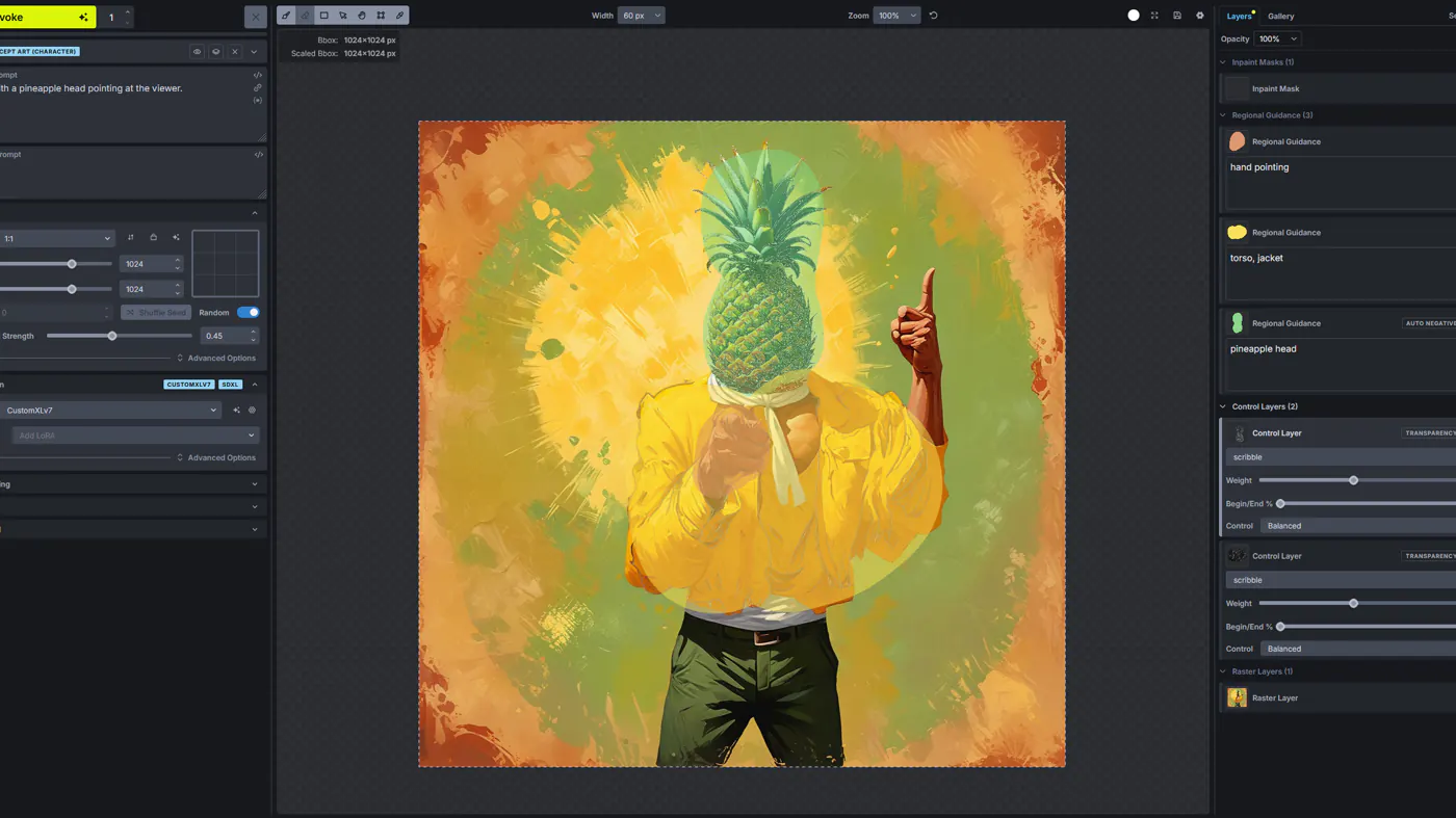 InvokeAI canvas: layers, Control Layers, and a generated image