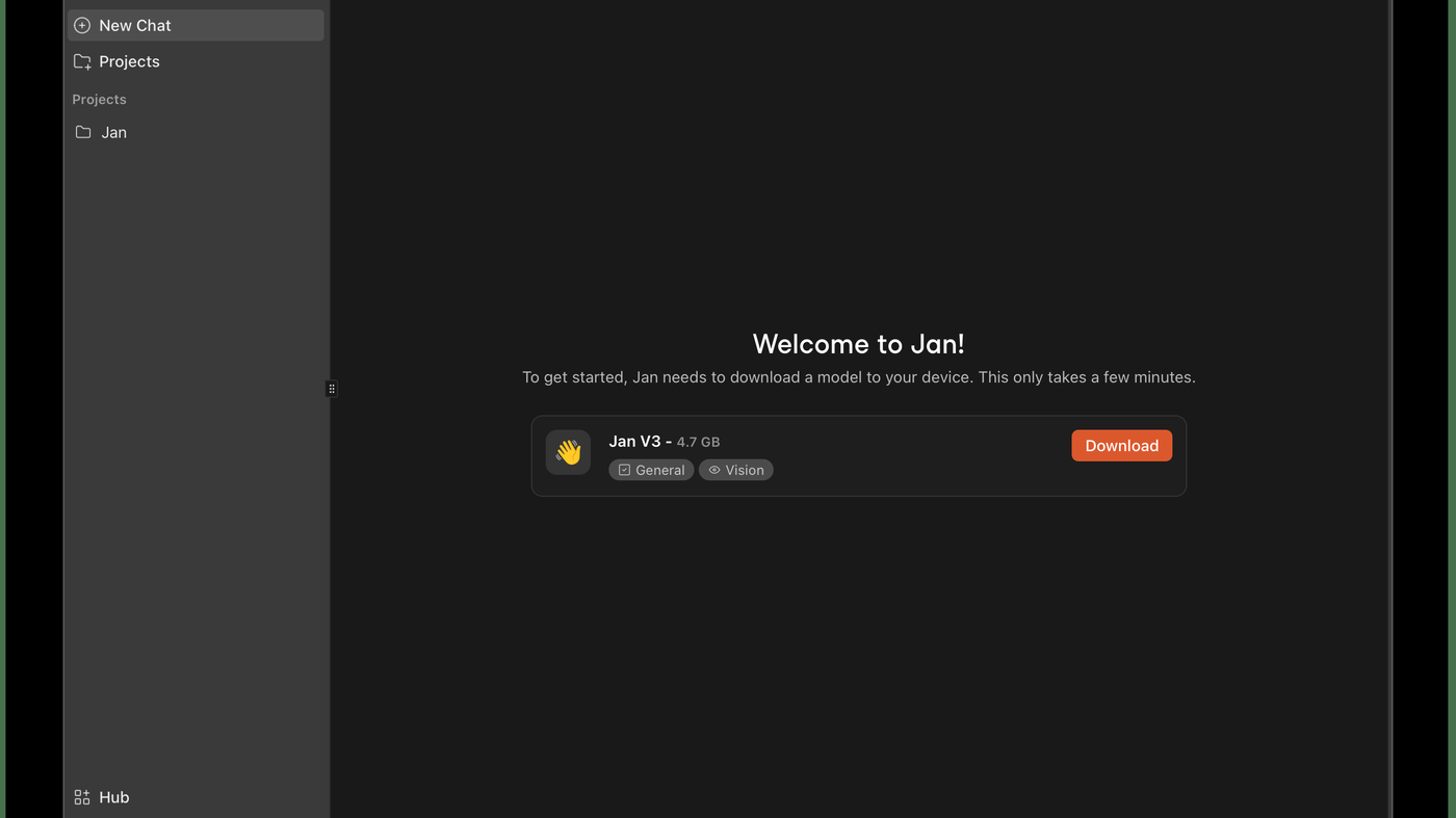 Jan desktop welcome: New Chat sidebar and Jan V3 download