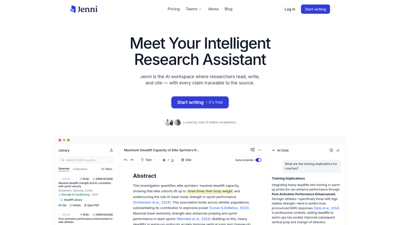 Jenni homepage workspace: library papers, cited Abstract, and AI Chat