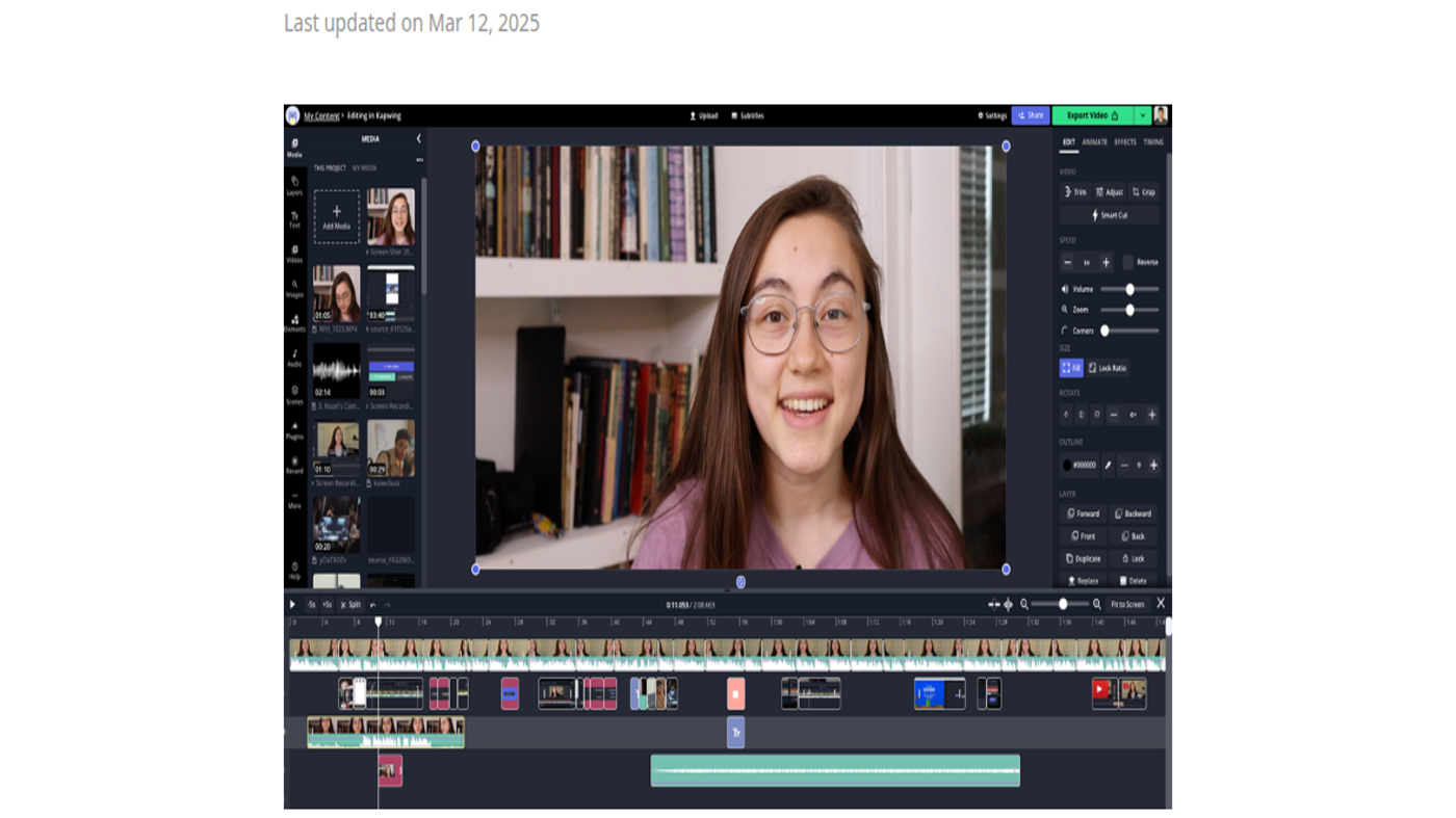 Kapwing Studio: talking-head preview, media bin, inspector, timeline
