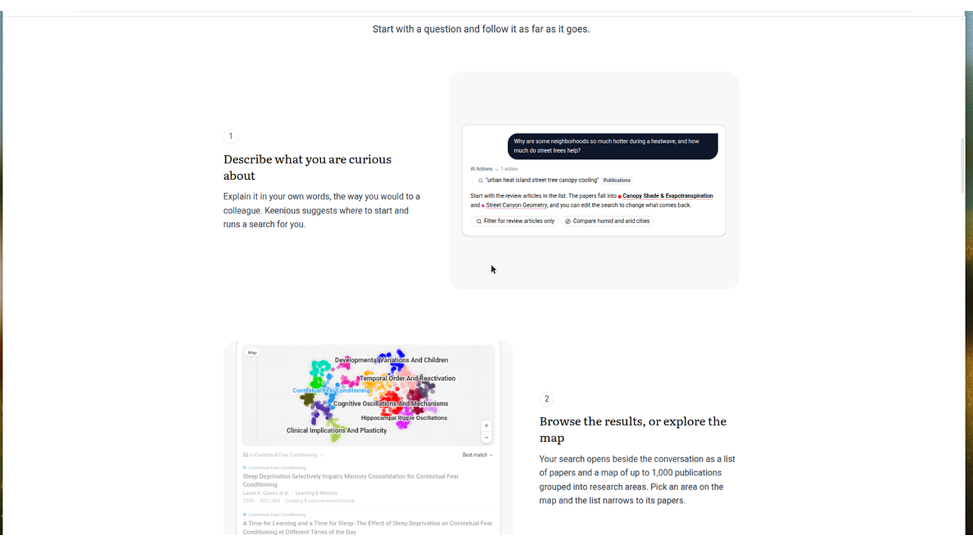 Keenious official workspace still: question composer, 2D topic map, and paper list