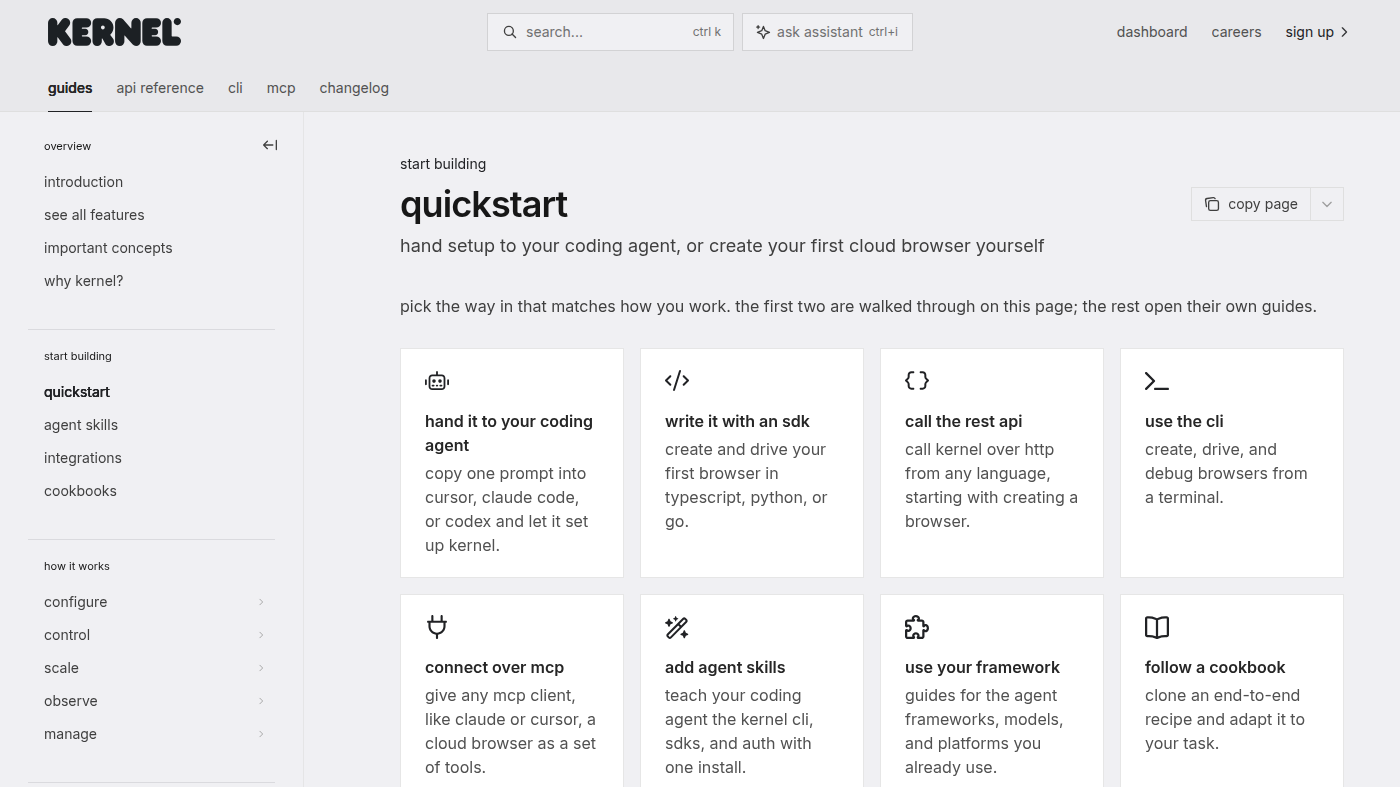 Kernel Quickstart: coding-agent, SDK, REST, and CLI start-path cards