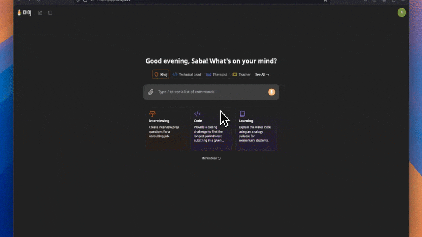 Khoj web composer: greeting, agent chips, and command bar Khoj web composer: greeting, agent chips, and command bar