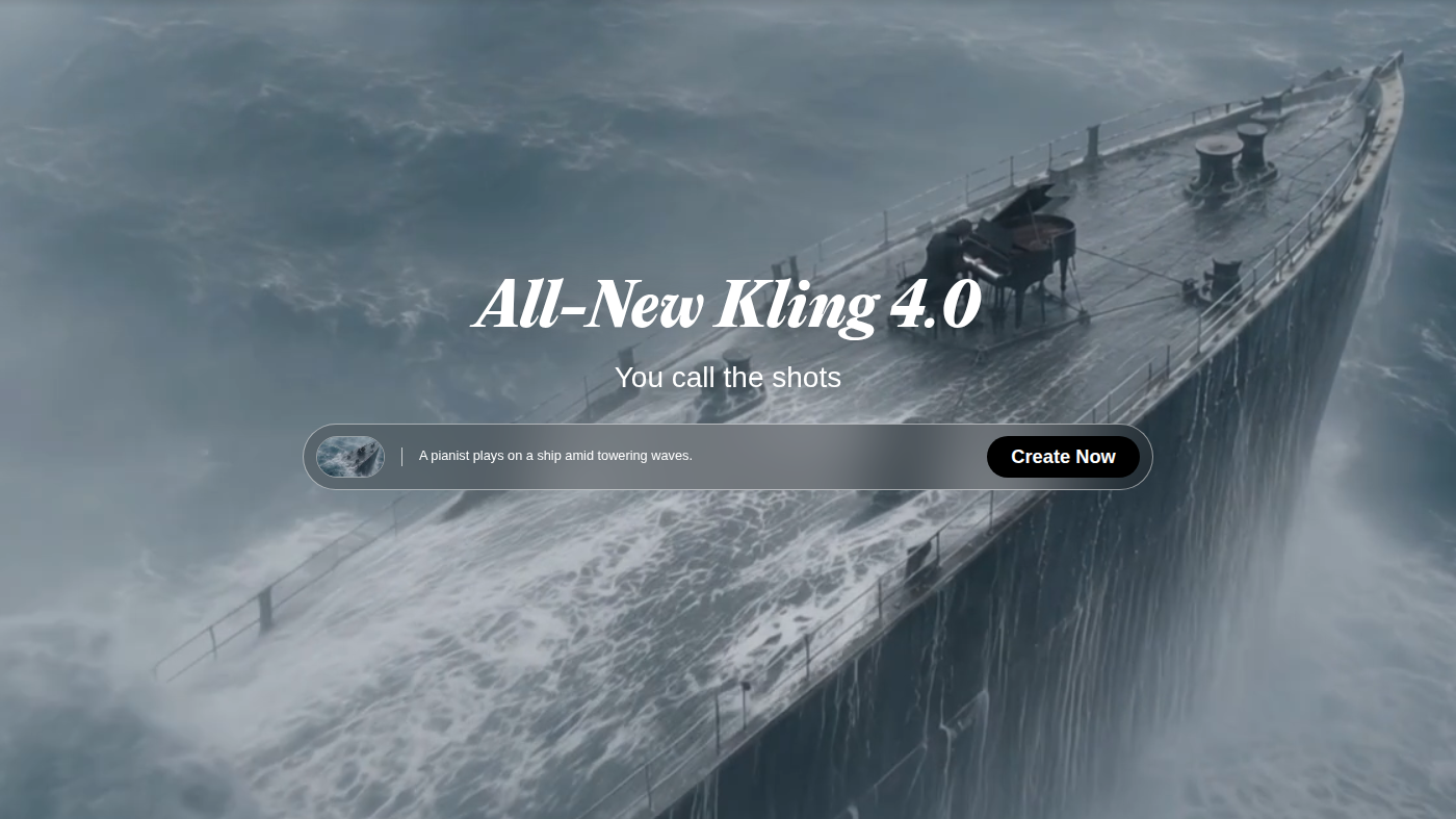Signed-out Kling 4.0 composer: pianist-on-a-ship prompt and Create Now