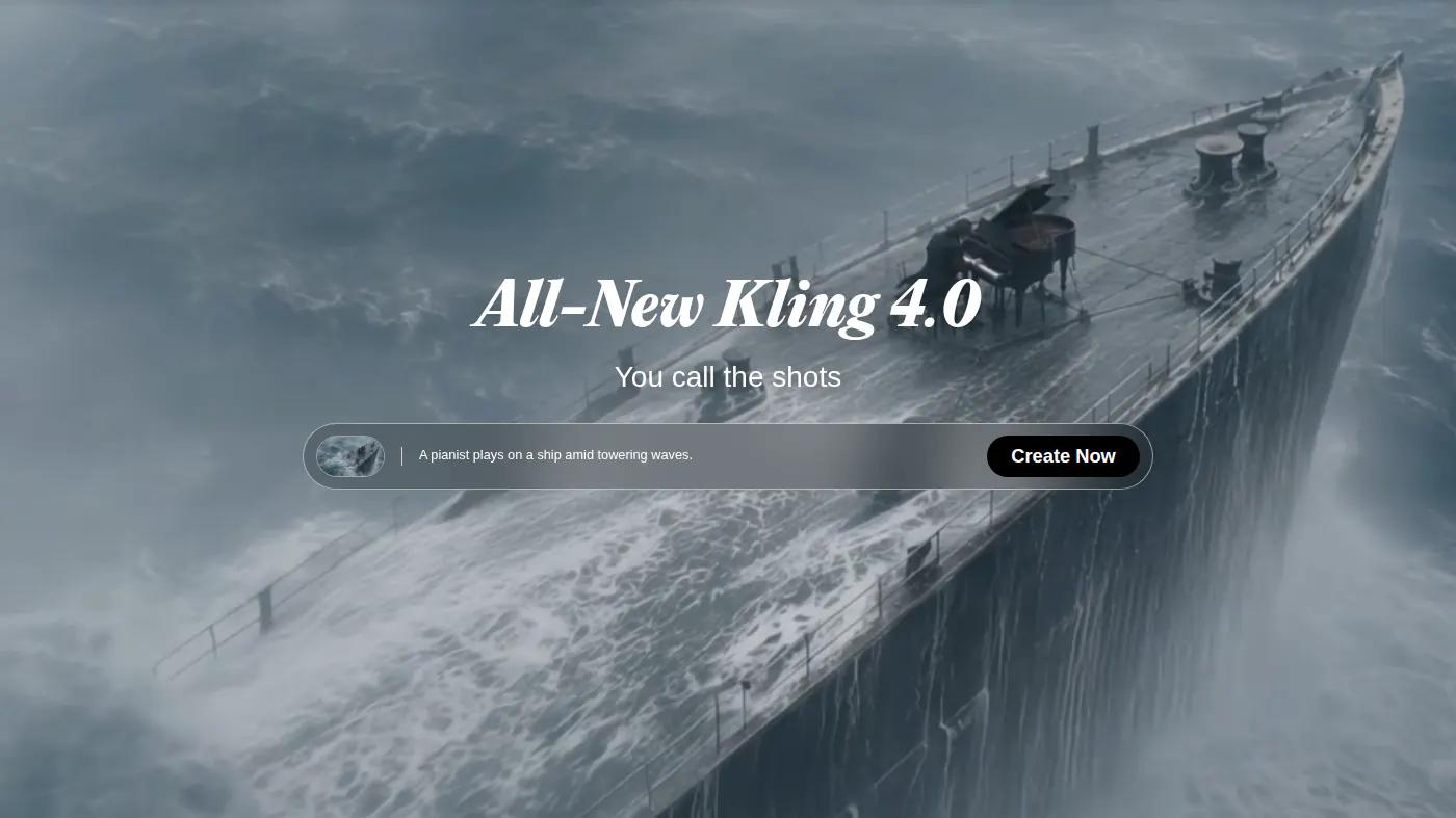 Signed-out Kling 4.0 composer: pianist-on-a-ship prompt and Create Now