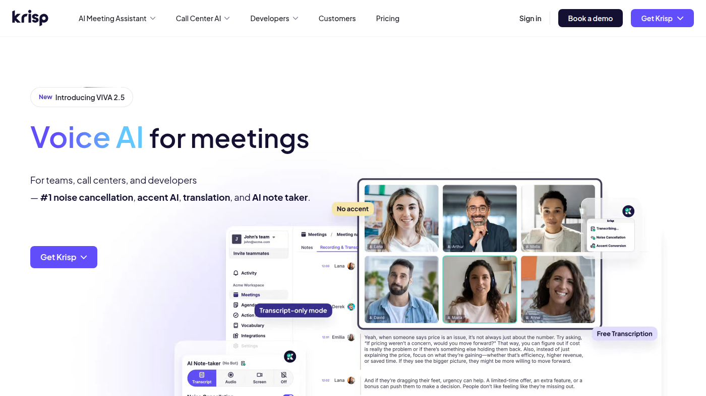 Krisp meeting assistant: note-taker, video grid, and transcript collage