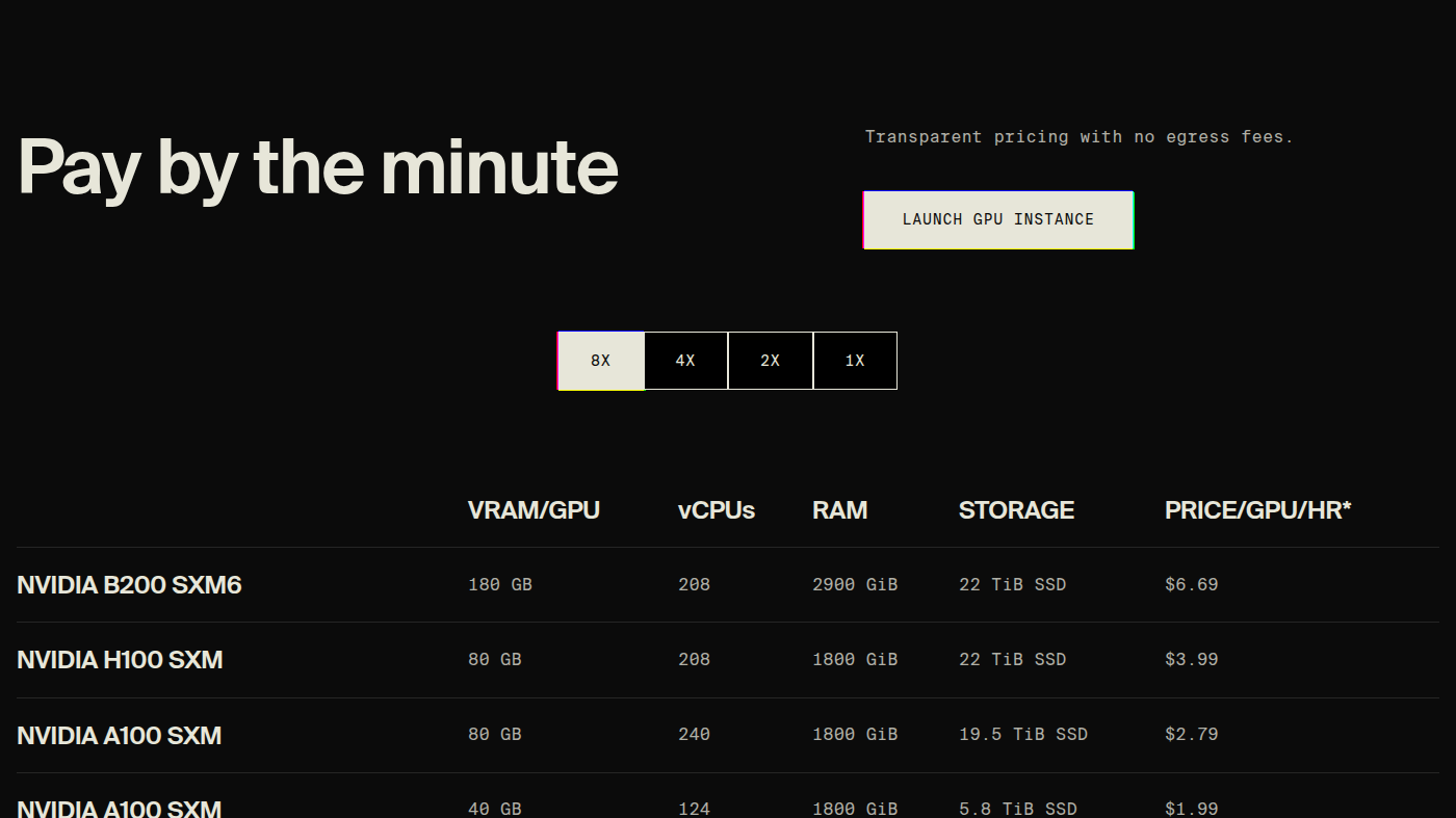 Lambda instance picker: 8× / 4× toggle and H100 SXM $3.99/GPU/hr
