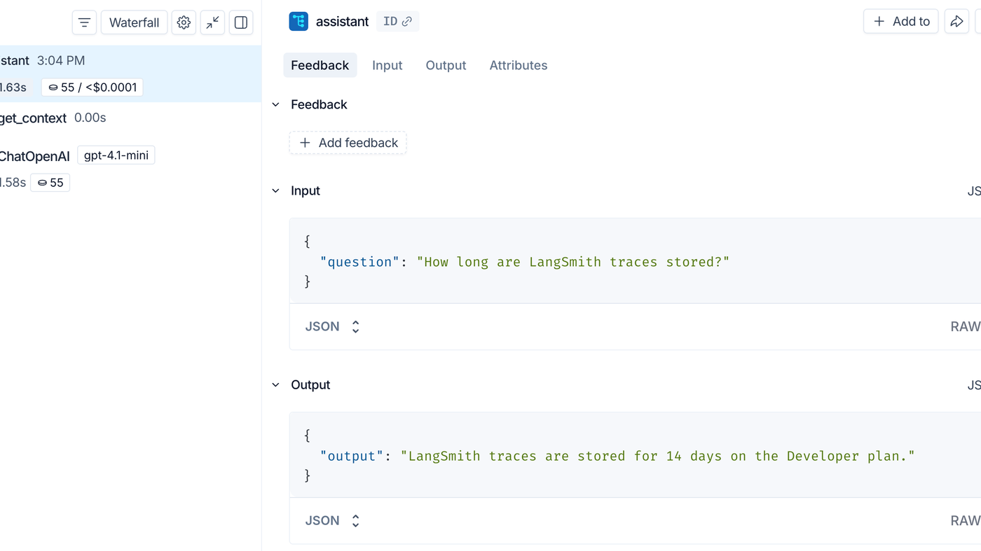 LangSmith trace tree showing assistant, get_context, and ChatOpenAI