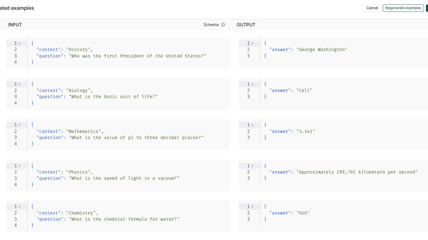 LangSmith Select generated examples table with Input and Output JSON pairs