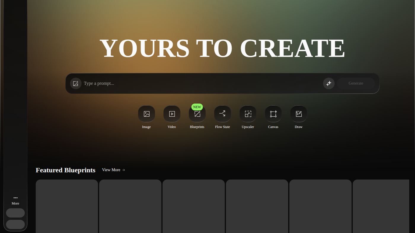 Leonardo app home: prompt bar with Image, Video, and Blueprints