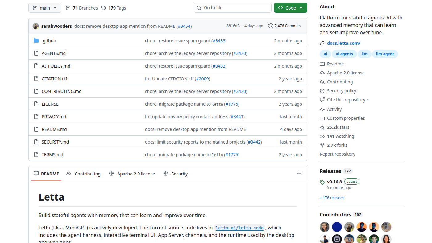 letta-ai/letta GitHub file list: AGENTS.md, Apache-2.0, README for stateful agents