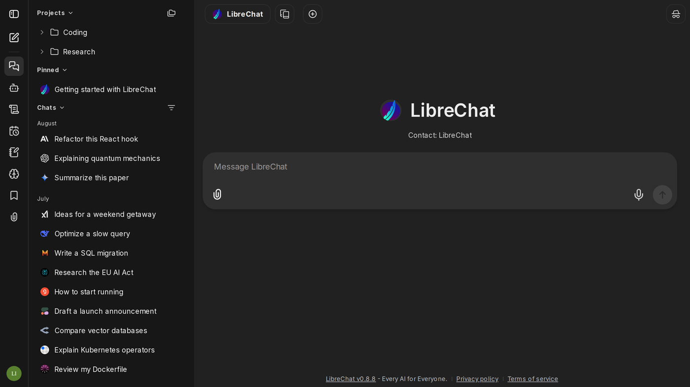 LibreChat dark composer: Message LibreChat with Projects Coding and Research