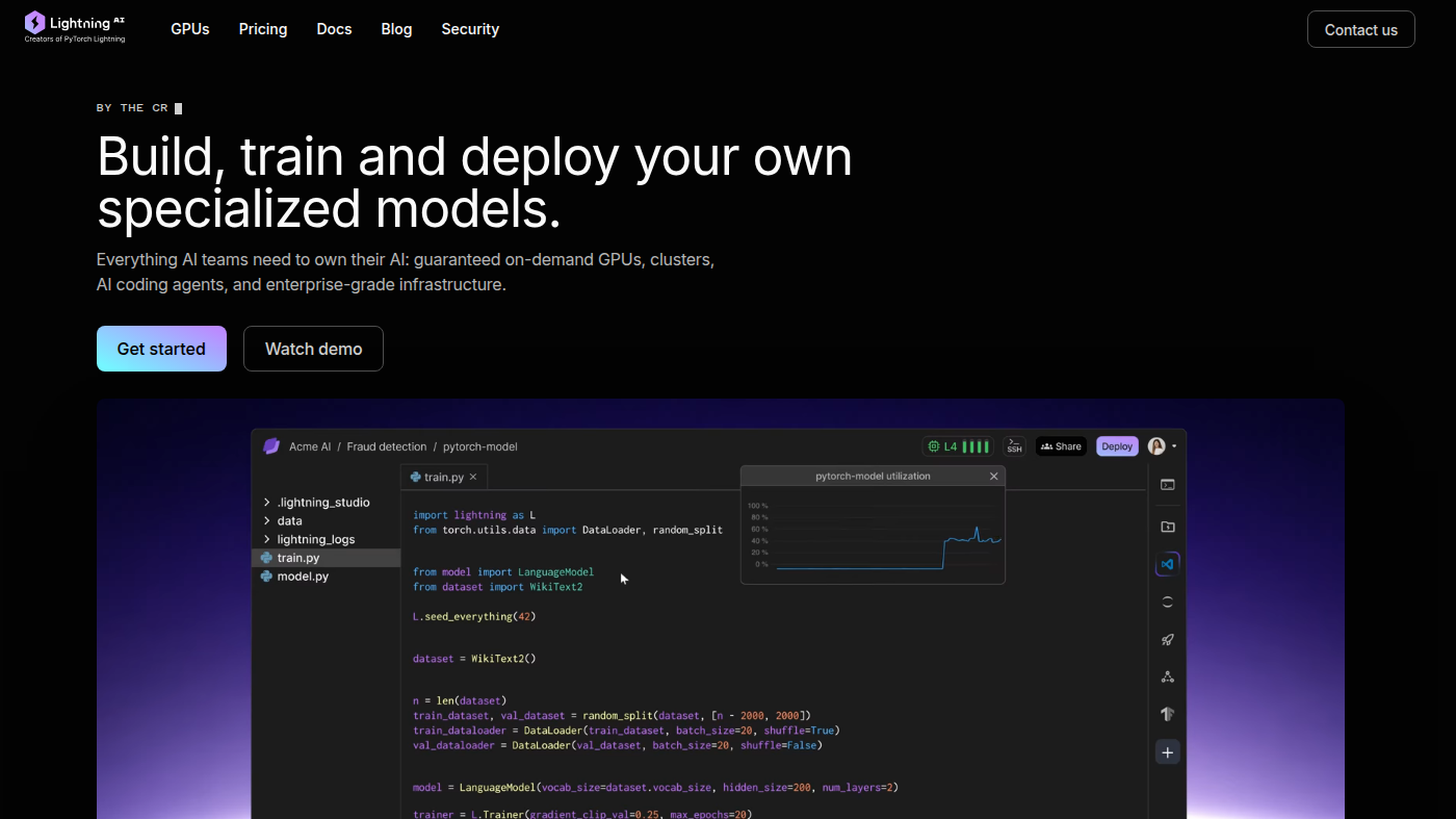 Lightning.ai Studio workspace: lightning_studio file tree, train.py, GPU pane, terminal Lightning.ai Studio workspace: lightning_studio file tree, train.py, GPU pane, terminal