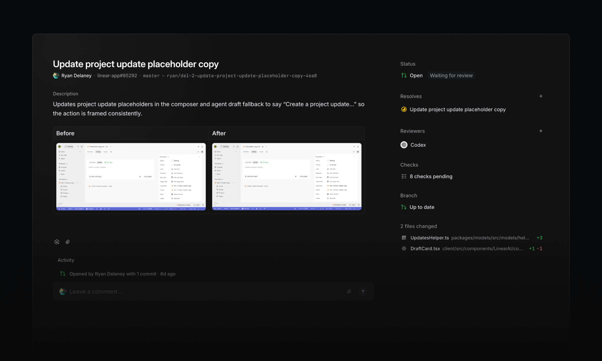 Linear review: Update project update placeholder copy, linear-app#85292, Codex reviewer